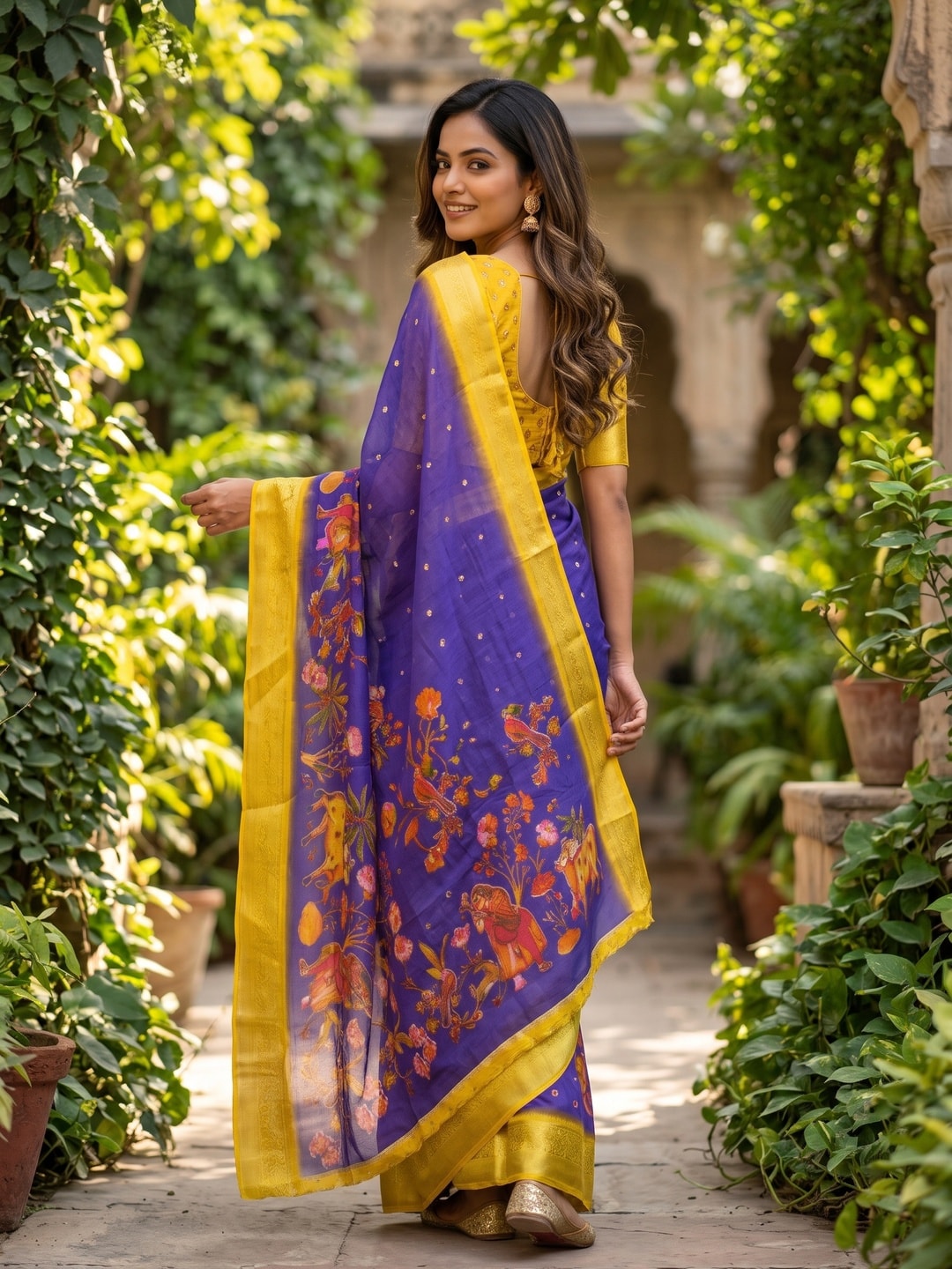 Peachmode Violet Pure Moss Georgette Silk Saree With Jacquard And Kalamkari Zari Floral Print - Image 2