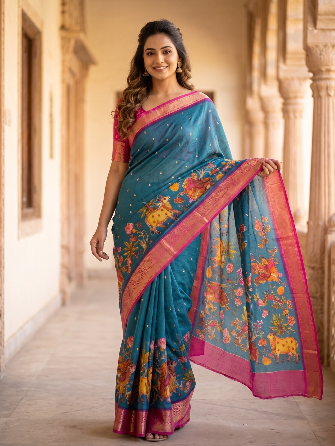 Peachmode Teal Pure Moss Georgette Silk Saree With Jacquard And Kalamkari Zari Floral Print - Image 1