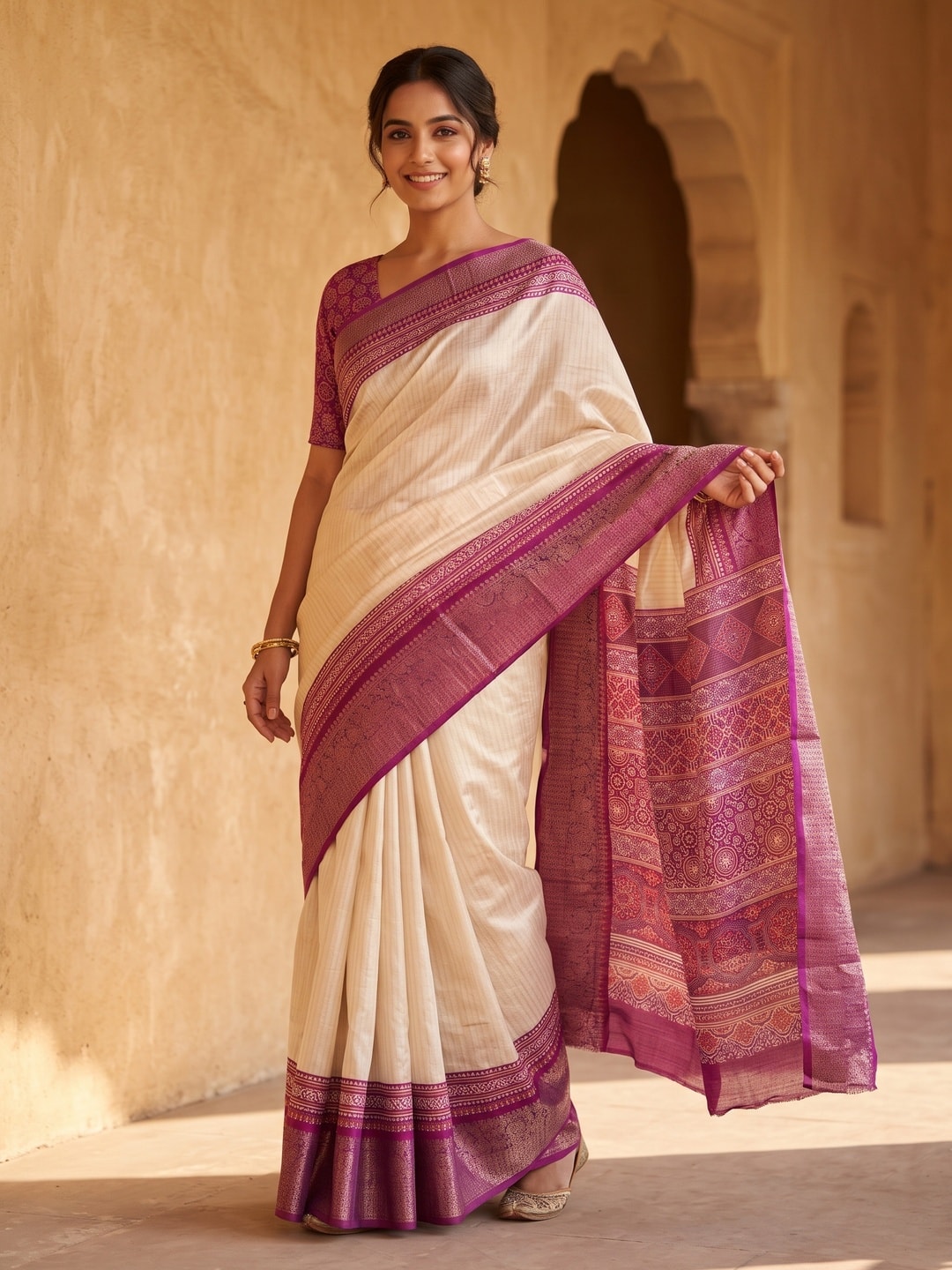 Peachmode Magenta Pure Cotton Silk Saree With Ricco Zari Jacquard And Chennur Ethnic Print Pallu - Image 1