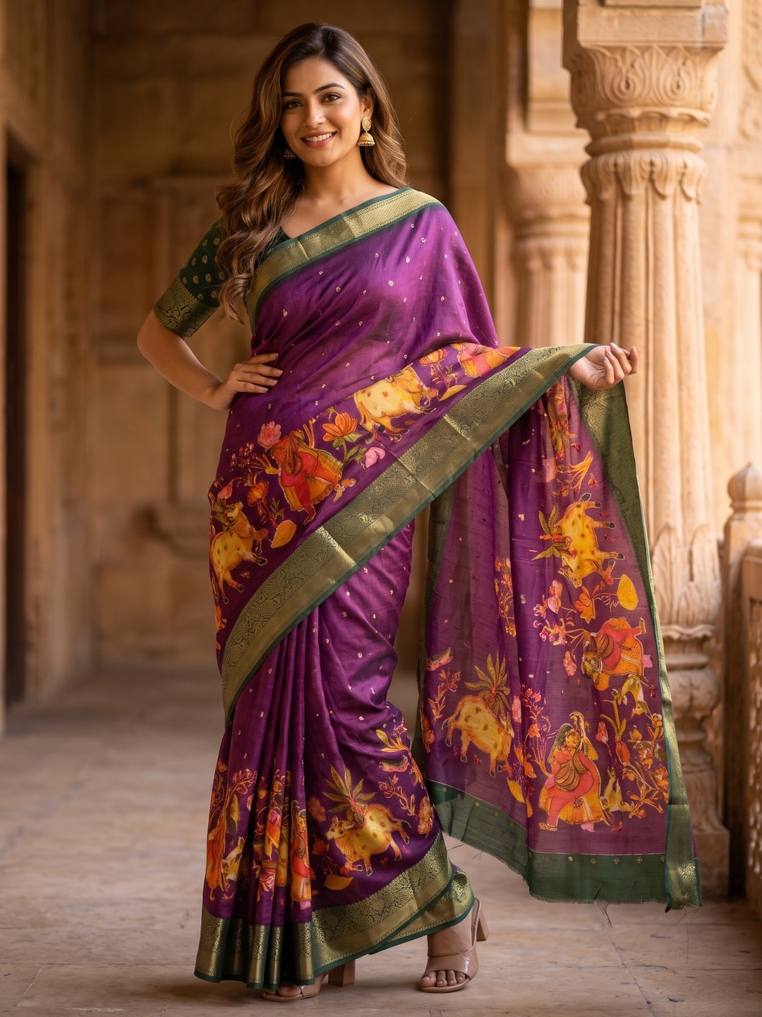 Peachmode Purple Pure Moss Georgette Silk Saree With Jacquard And Kalamkari Zari Floral Print - Image 1