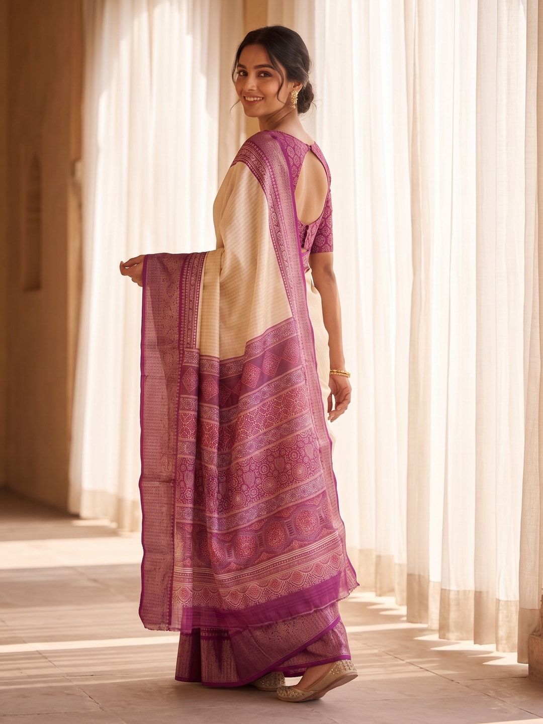 Peachmode Magenta Pure Cotton Silk Saree With Ricco Zari Jacquard And Chennur Ethnic Print Pallu - Image 2