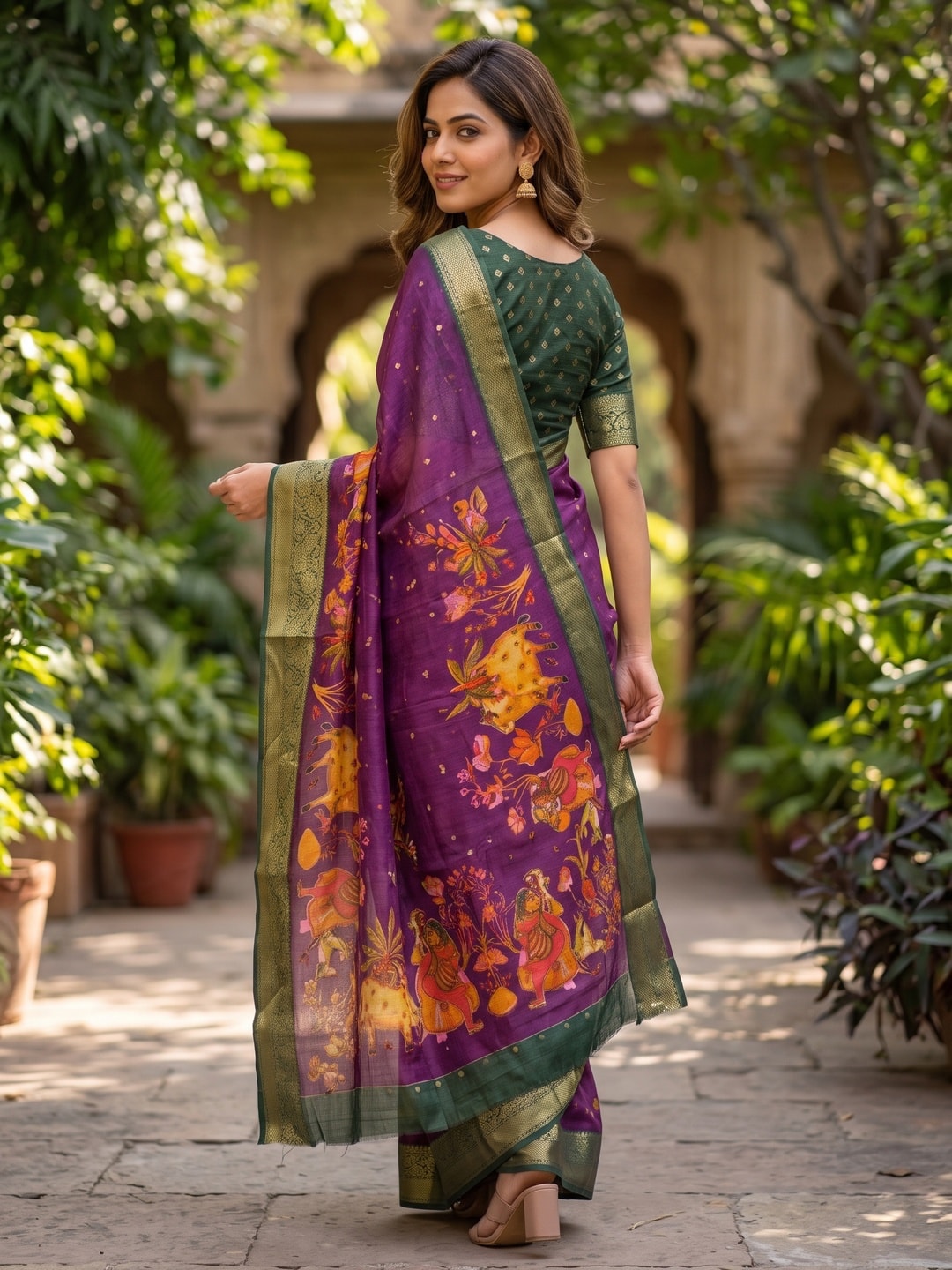 Peachmode Purple Pure Moss Georgette Silk Saree With Jacquard And Kalamkari Zari Floral Print - Image 2