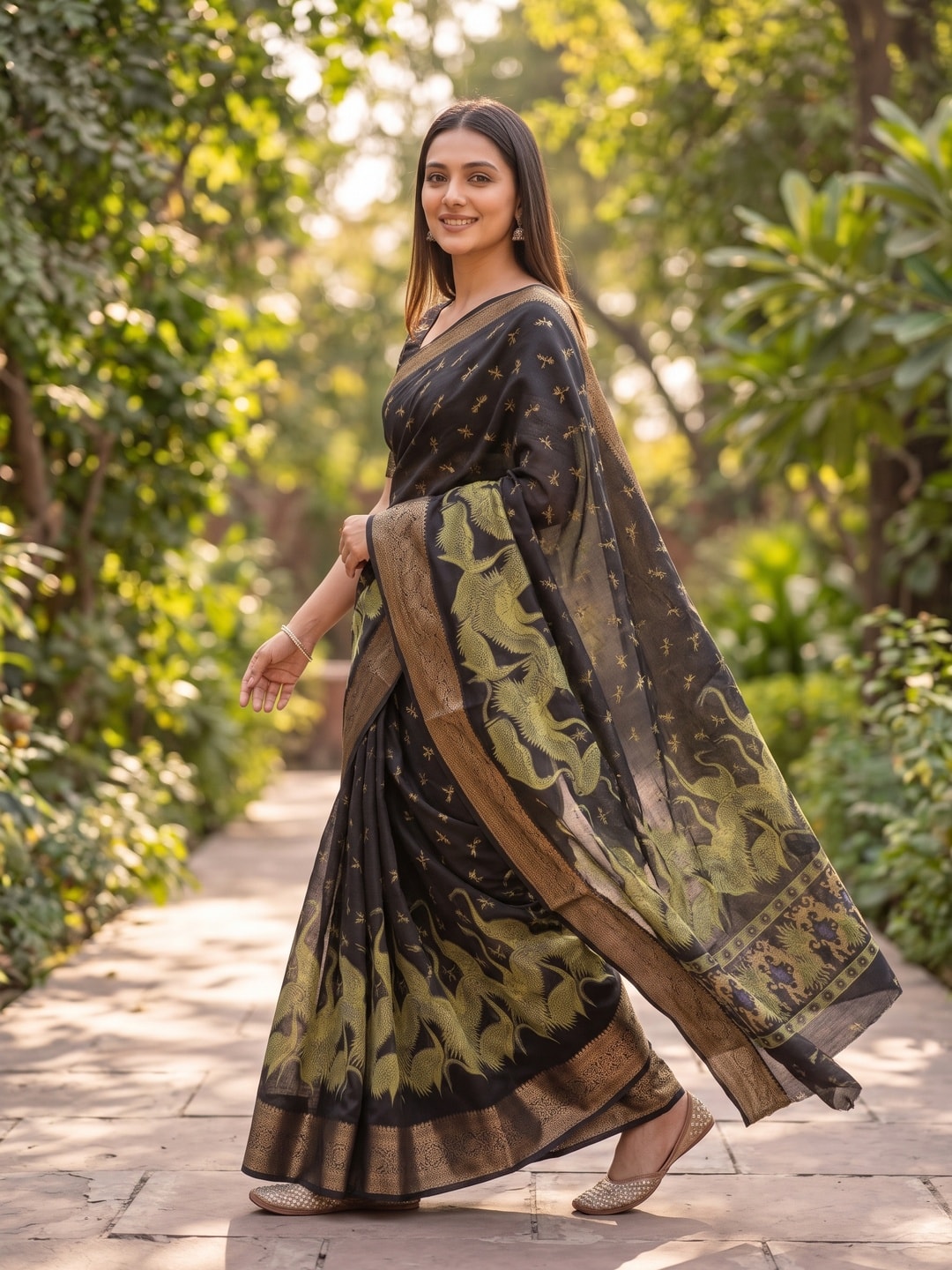 Peachmode Olive Green Pure Cotton Silk Saree With Ricco Zari Jacquard And Crane Print - Image 3