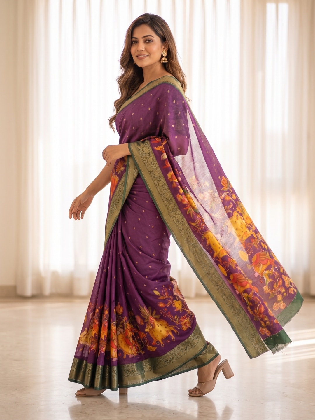 Peachmode Purple Pure Moss Georgette Silk Saree With Jacquard And Kalamkari Zari Floral Print - Image 3