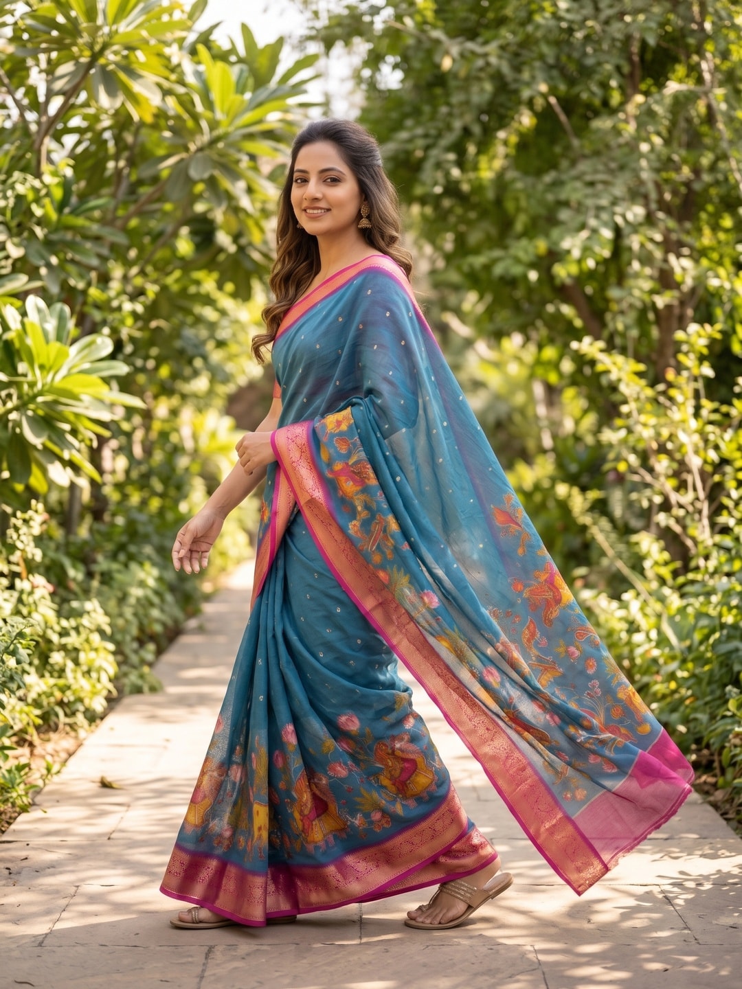 Peachmode Teal Pure Moss Georgette Silk Saree With Jacquard And Kalamkari Zari Floral Print - Image 3