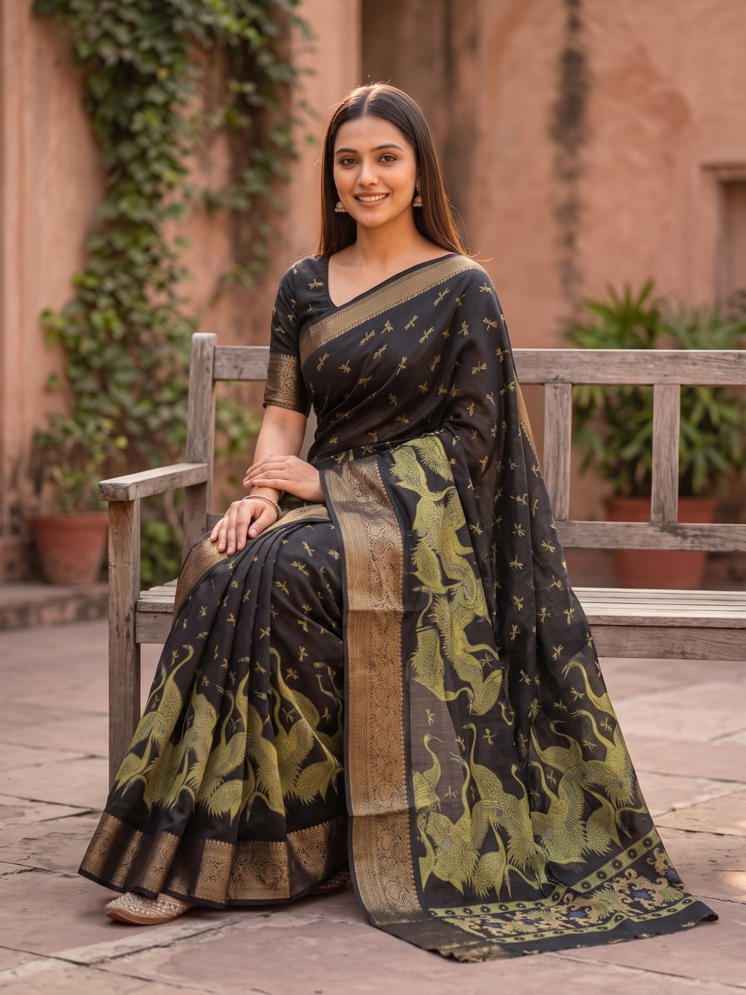 Peachmode Olive Green Pure Cotton Silk Saree With Ricco Zari Jacquard And Crane Print - Image 4