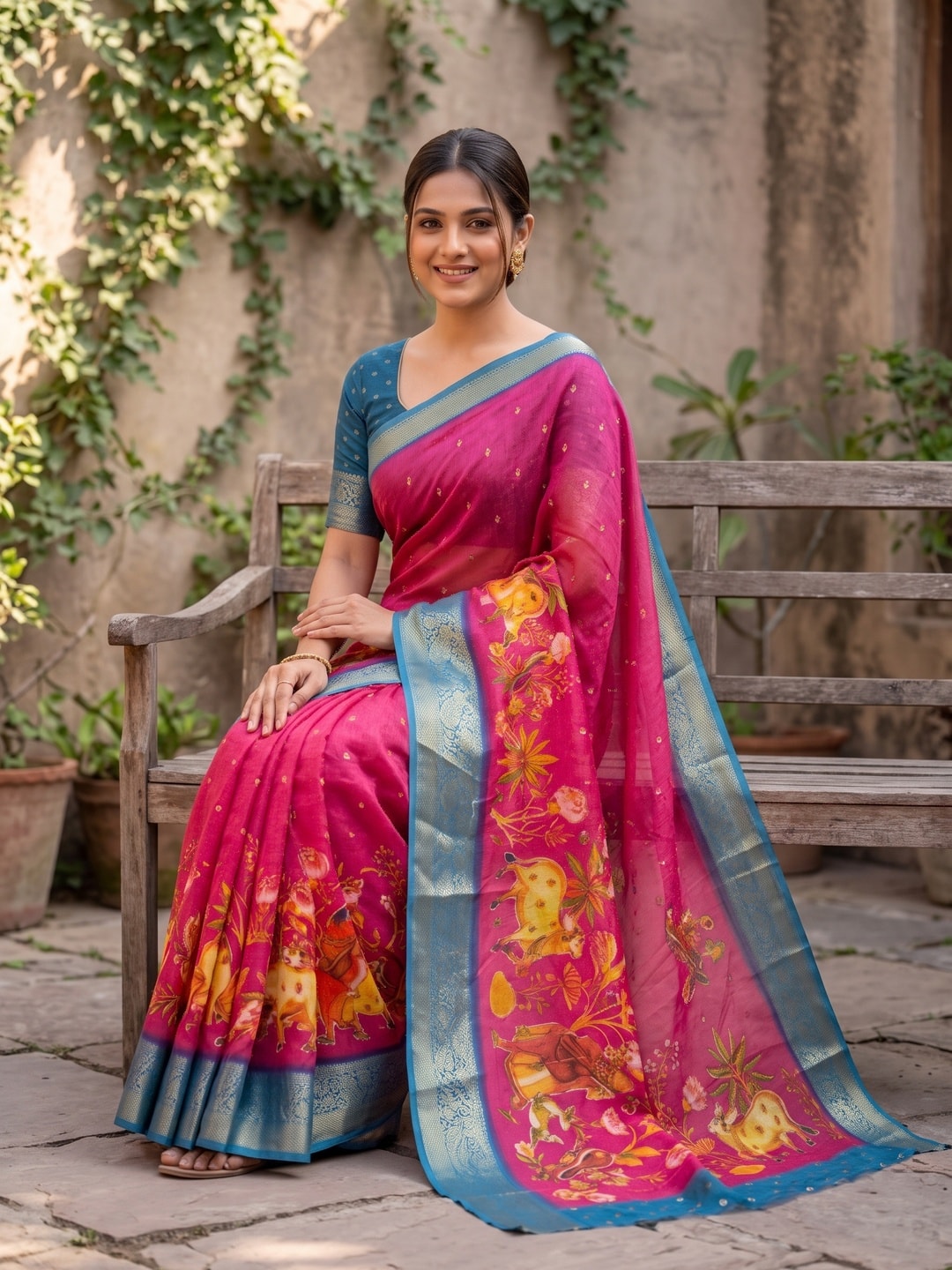 Peachmode Rani Pure Moss Georgette Silk Saree With Jacquard And Kalamkari Zari Floral Print - Image 4