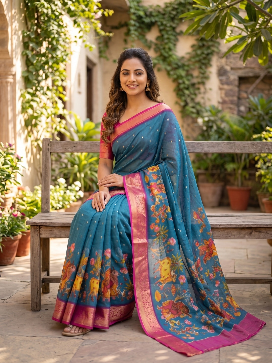 Peachmode Teal Pure Moss Georgette Silk Saree With Jacquard And Kalamkari Zari Floral Print - Image 4