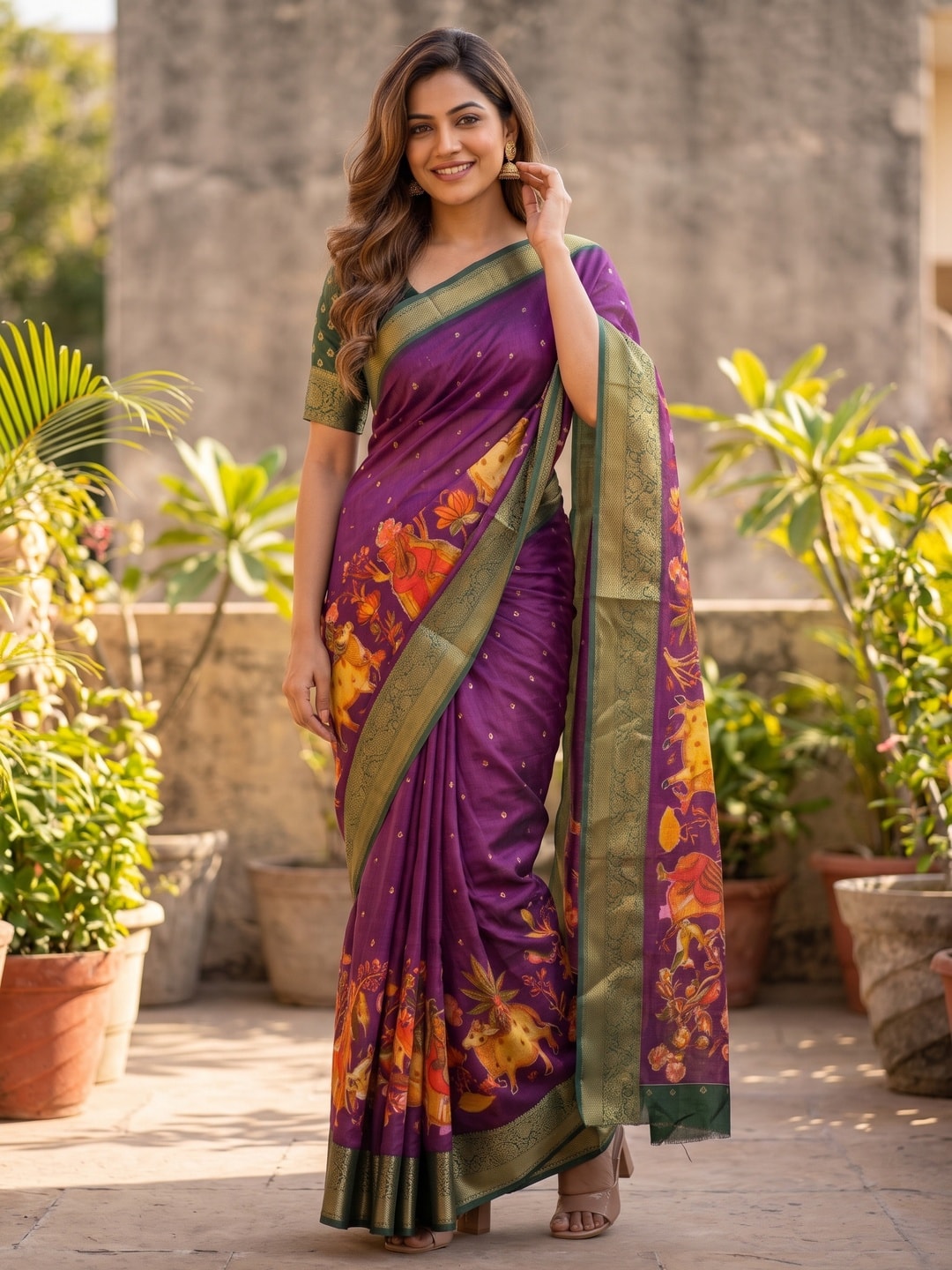 Peachmode Purple Pure Moss Georgette Silk Saree With Jacquard And Kalamkari Zari Floral Print - Image 4