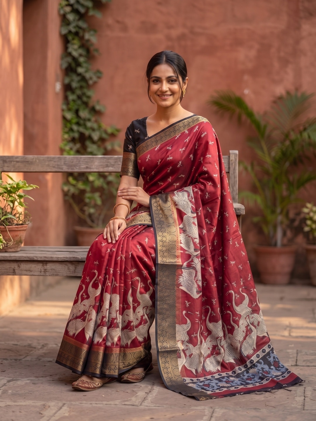 Peachmode Red Pure Cotton Silk Saree With Ricco Zari Jacquard And Crane Print - Image 4