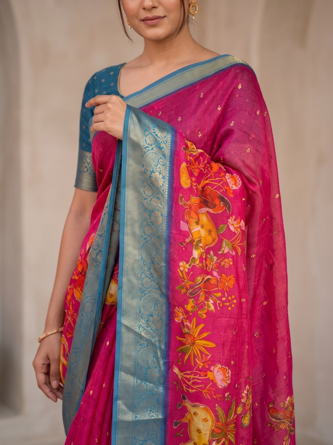 Peachmode Rani Pure Moss Georgette Silk Saree With Jacquard And Kalamkari Zari Floral Print - Image 5