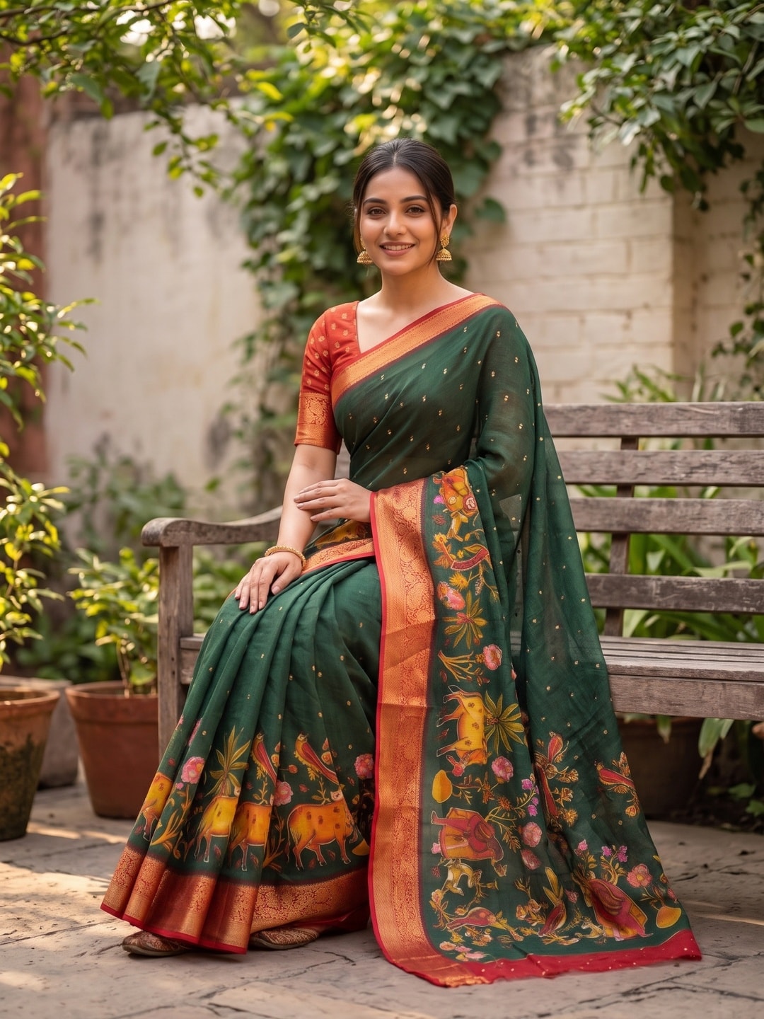 Peachmode Bottle Green Pure Moss Georgette Silk Saree With Jacquard And Kalamkari Zari Floral Print - Image 4