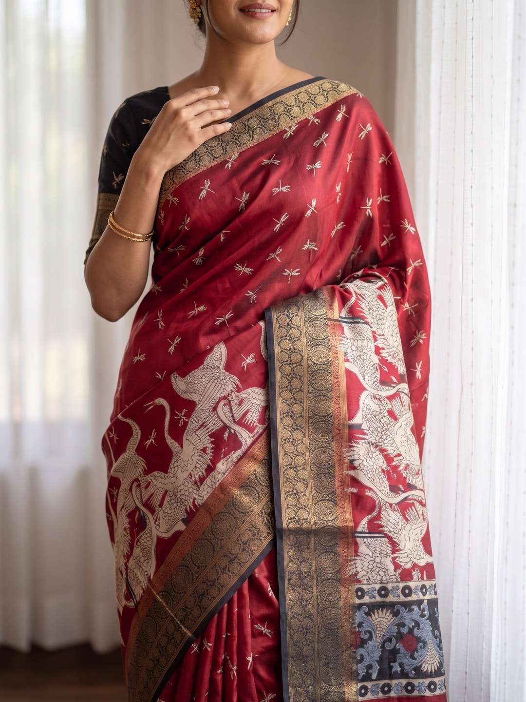 Peachmode Red Pure Cotton Silk Saree With Ricco Zari Jacquard And Crane Print - Image 5