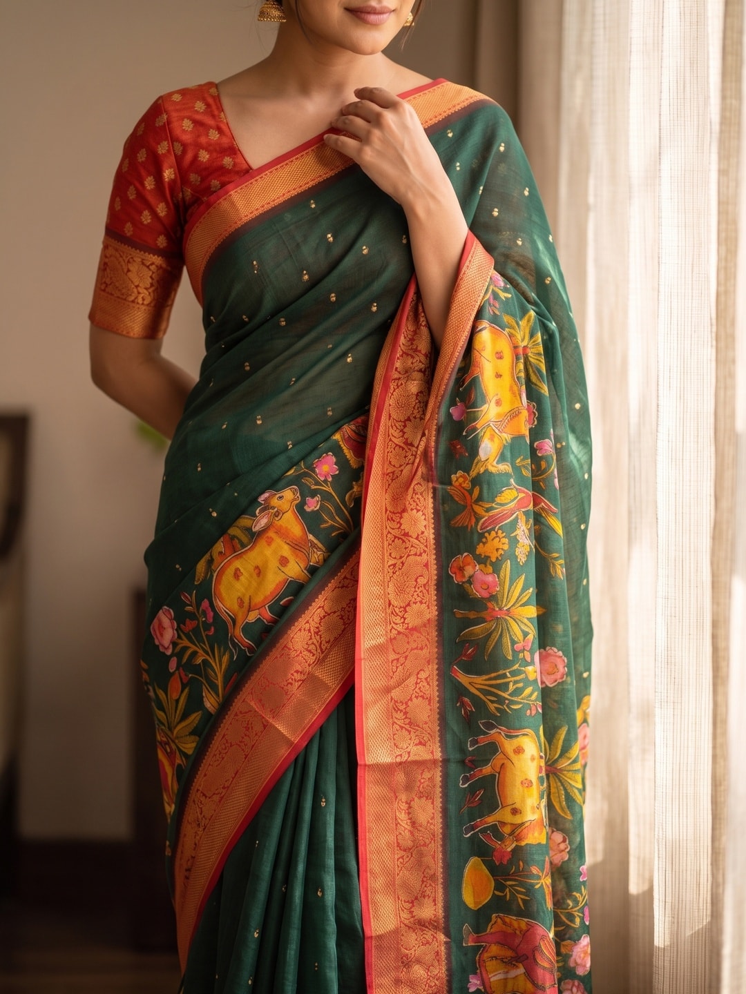 Peachmode Bottle Green Pure Moss Georgette Silk Saree With Jacquard And Kalamkari Zari Floral Print - Image 5
