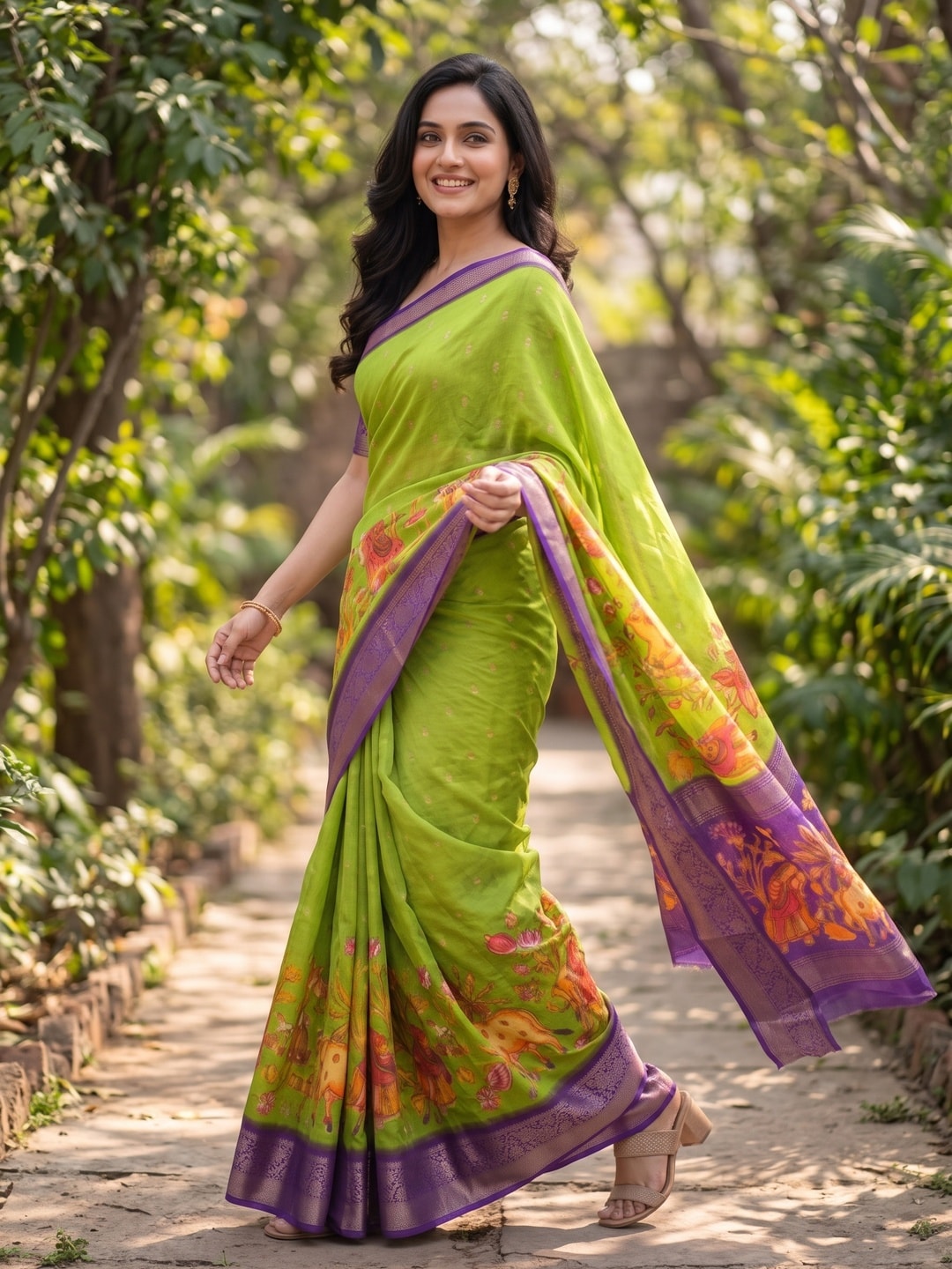 Peachmode Lime Green Pure Moss Georgette Silk Saree With Jacquard And Kalamkari Zari Floral Print - Image 3