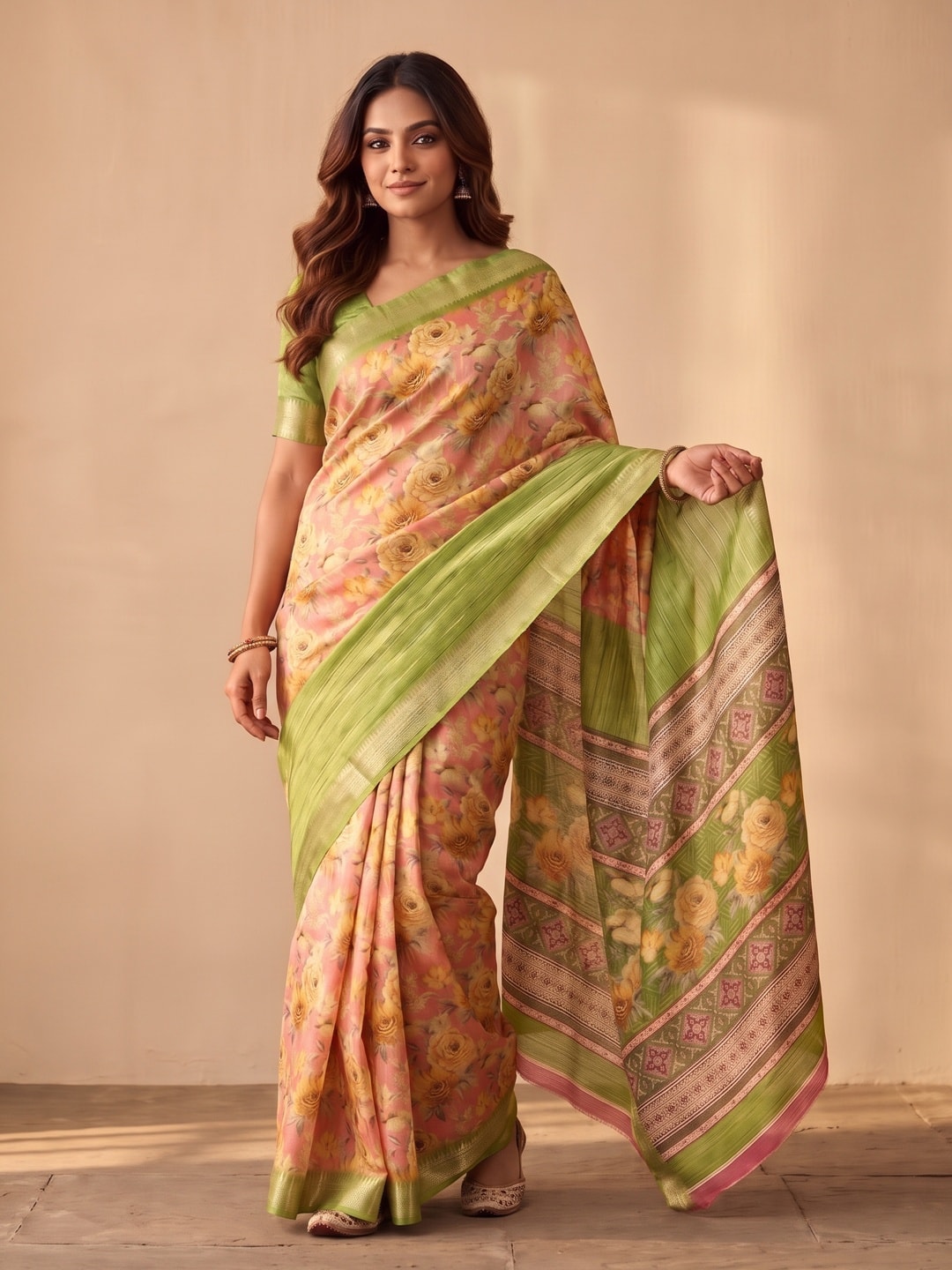 Peachmode Pista Green Pure Cotton Silk Saree With Bentex Jacquard And Digital Print Panel Design - Image 1