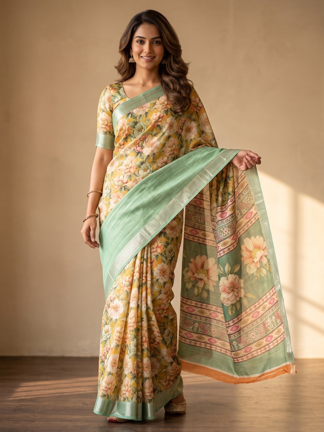 Peachmode Mint Green Pure Cotton Silk Saree With Bentex Jacquard And Digital Print Panel Design - Image 1