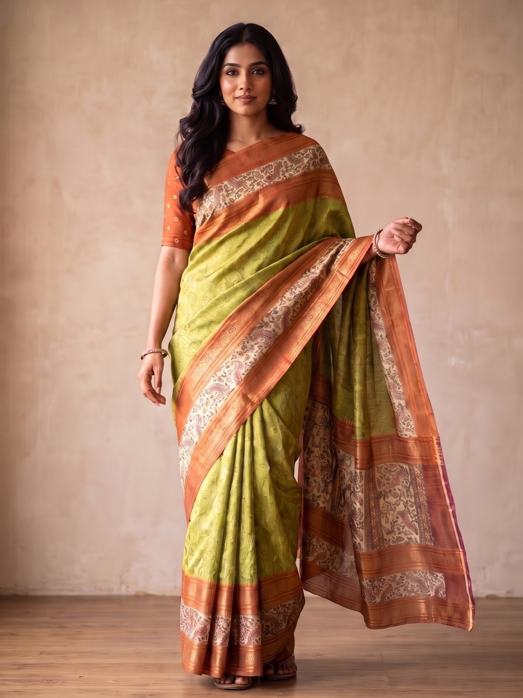 Peachmode Olive Pure Cotton Silk Saree With Bentex Jacquard And Digital Print Panel Design - Image 1