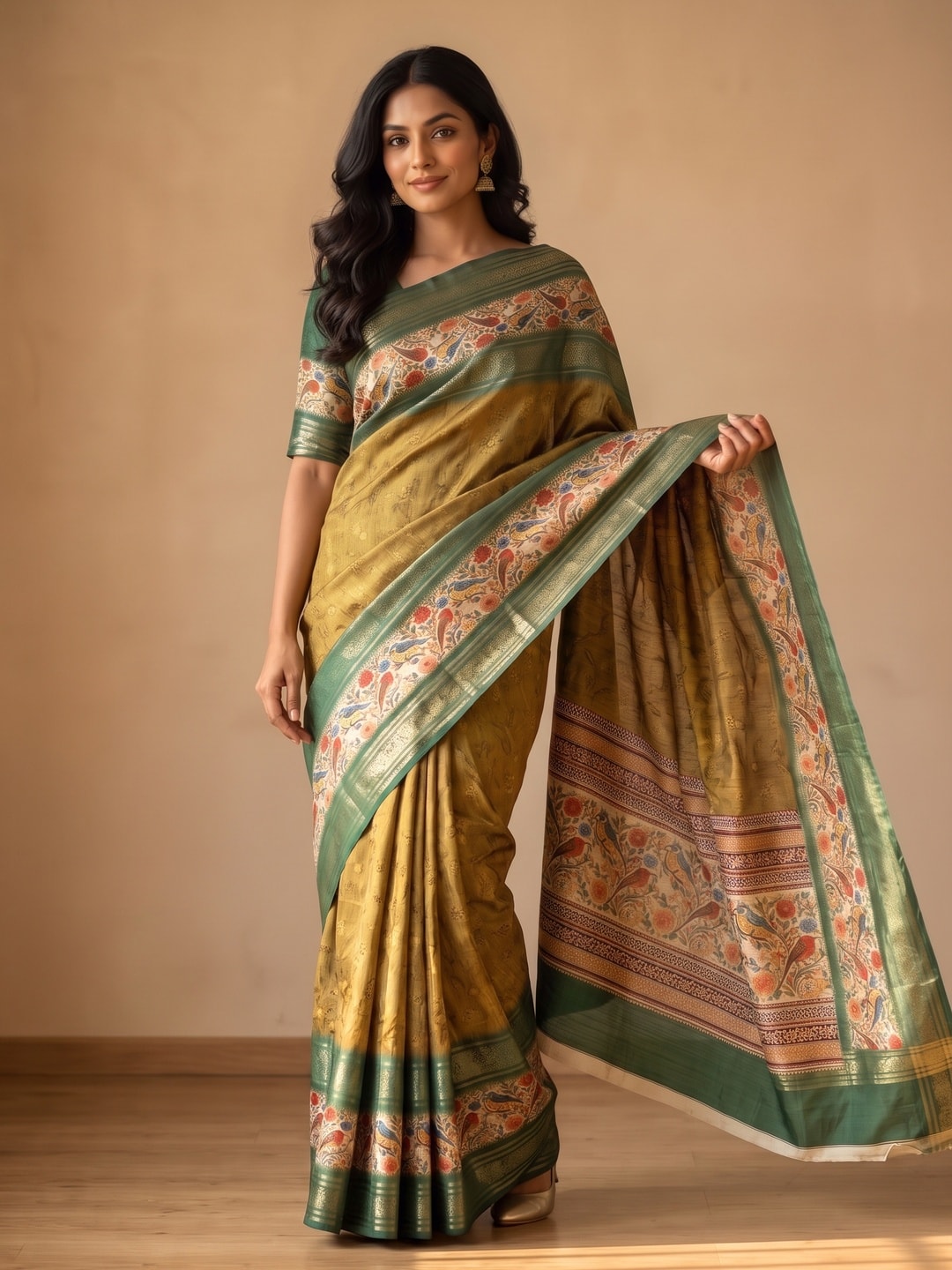 Peachmode Mustard Pure Cotton Silk Saree With Bentex Jacquard And Digital Print Panel Design - Image 1