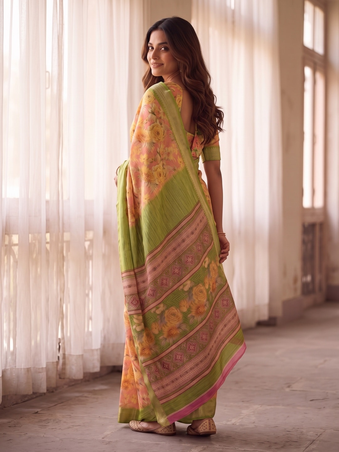Peachmode Pista Green Pure Cotton Silk Saree With Bentex Jacquard And Digital Print Panel Design - Image 2