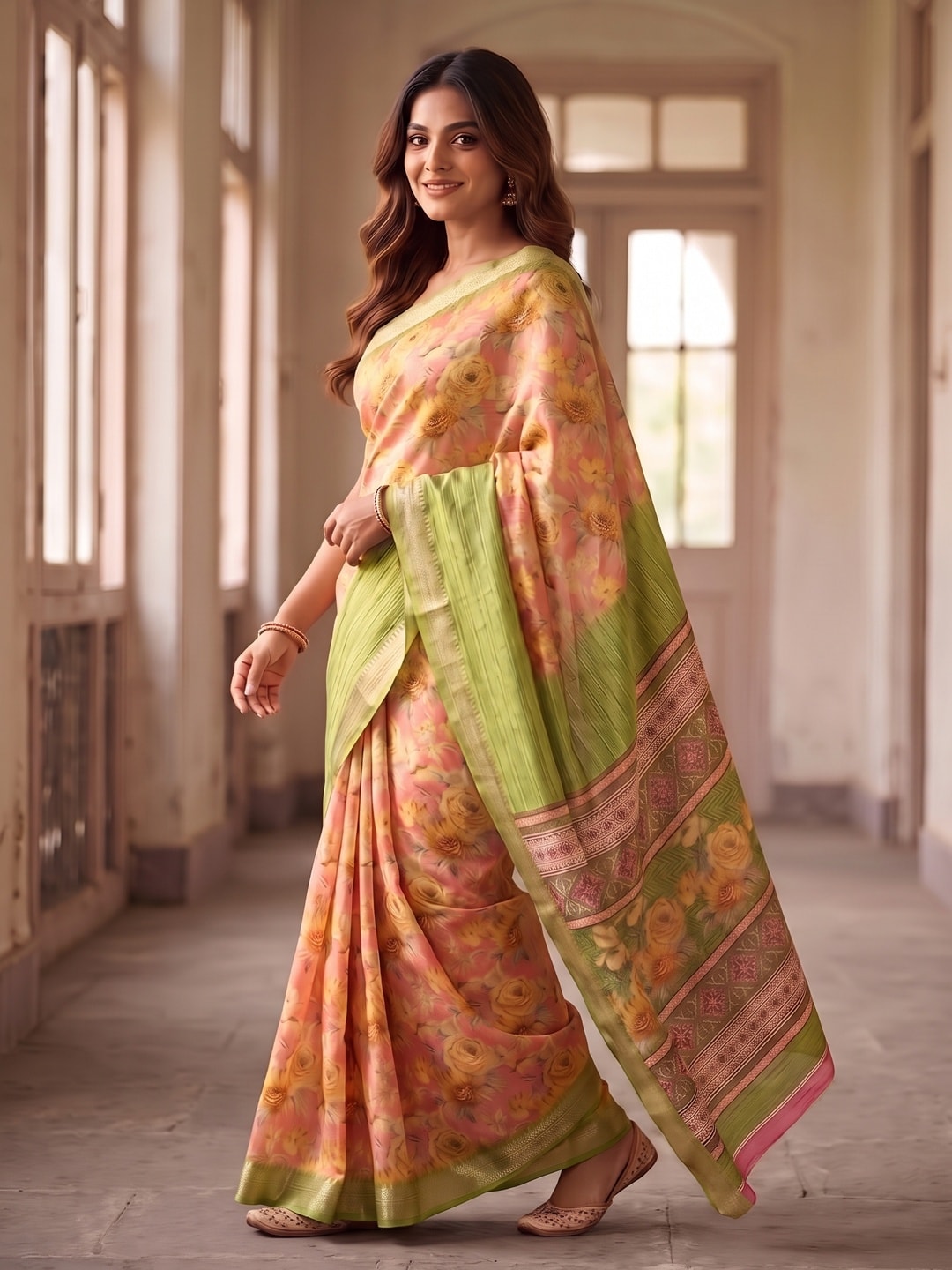 Peachmode Pista Green Pure Cotton Silk Saree With Bentex Jacquard And Digital Print Panel Design - Image 3