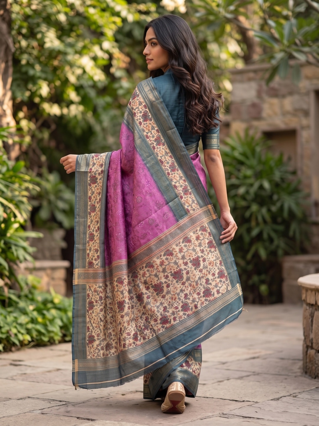 Peachmode Magenta Pure Cotton Silk Saree With Bentex Jacquard And Digital Print Panel Design - Image 2