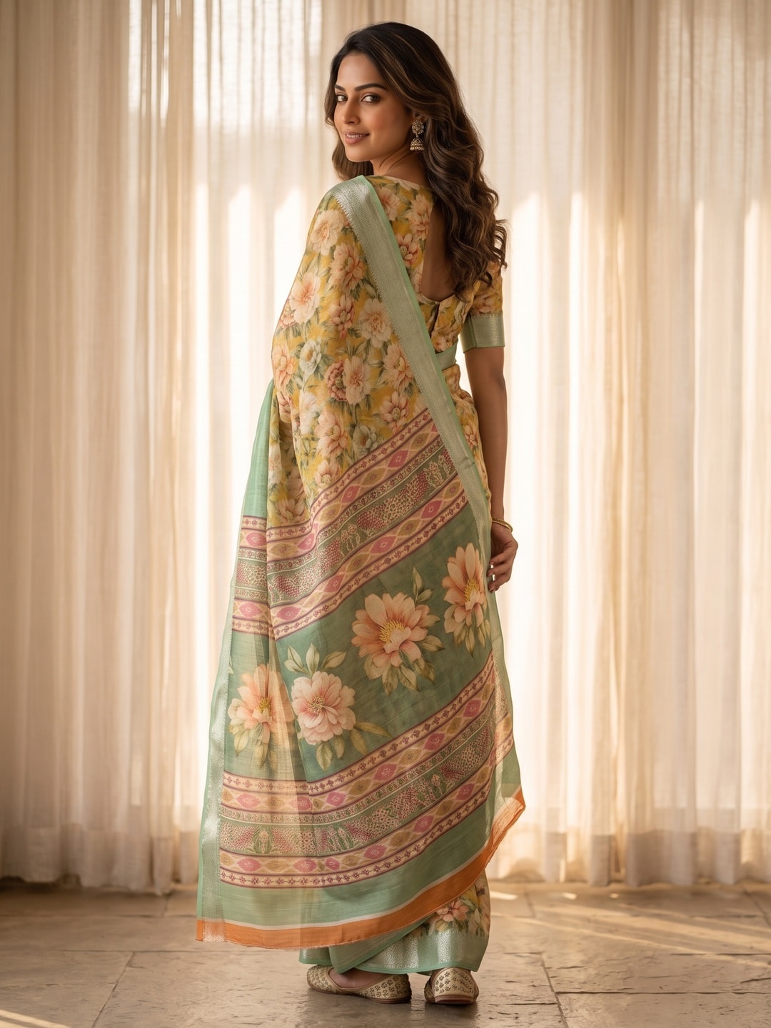 Peachmode Mint Green Pure Cotton Silk Saree With Bentex Jacquard And Digital Print Panel Design - Image 2