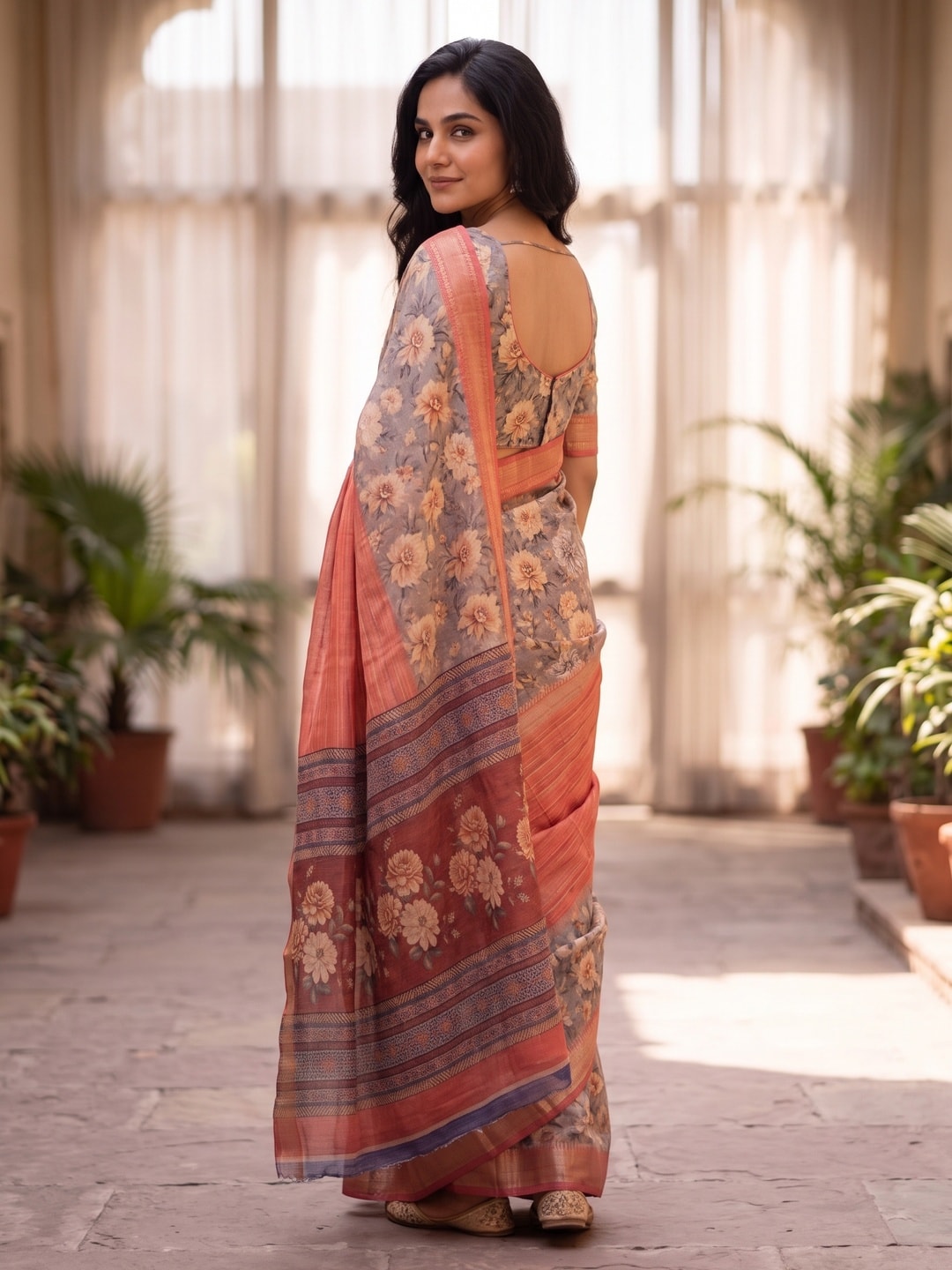 Peachmode Salmon Pure Cotton Silk Saree With Bentex Jacquard And Digital Print Panel Design - Image 2