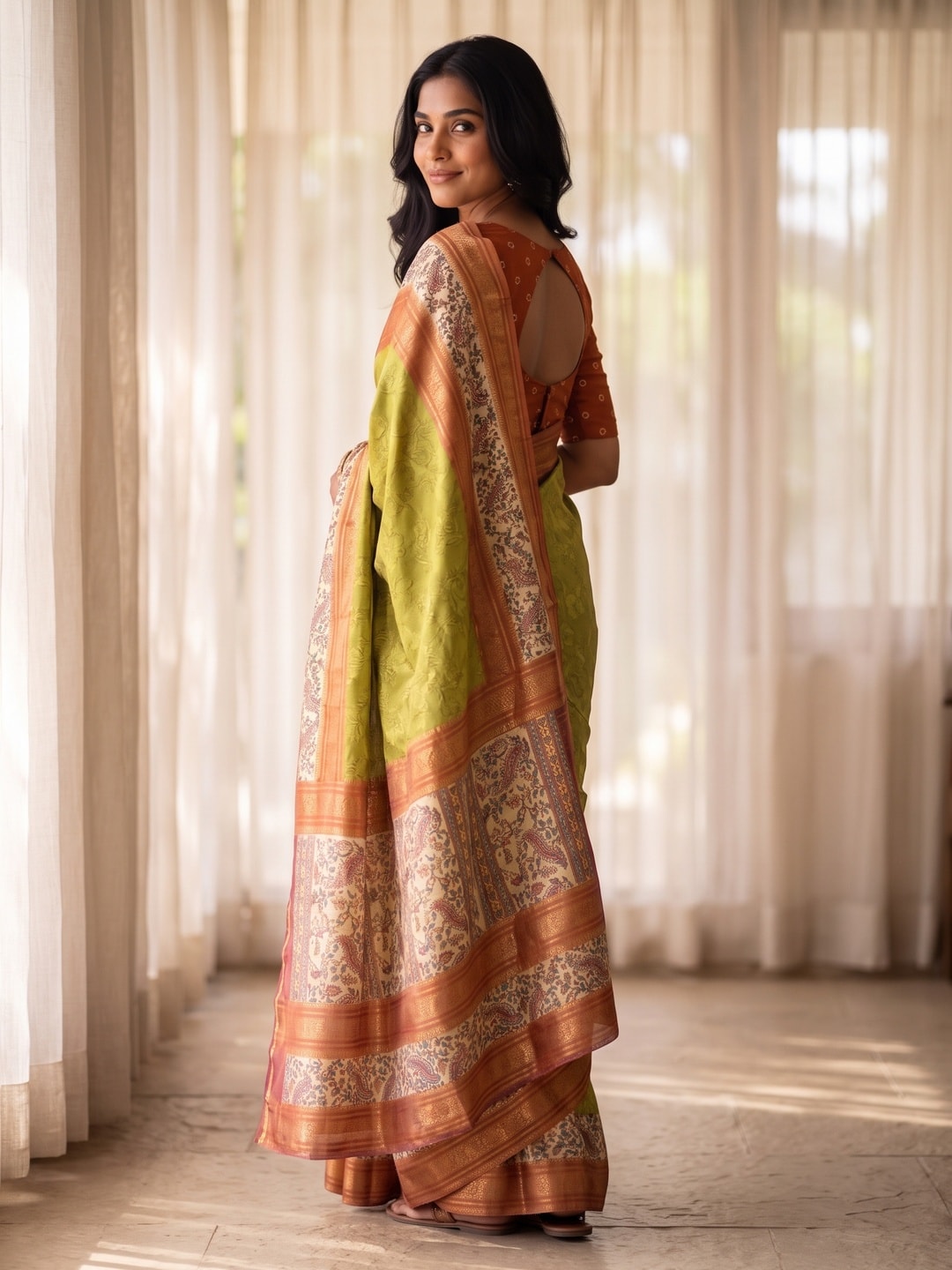 Peachmode Olive Pure Cotton Silk Saree With Bentex Jacquard And Digital Print Panel Design - Image 2