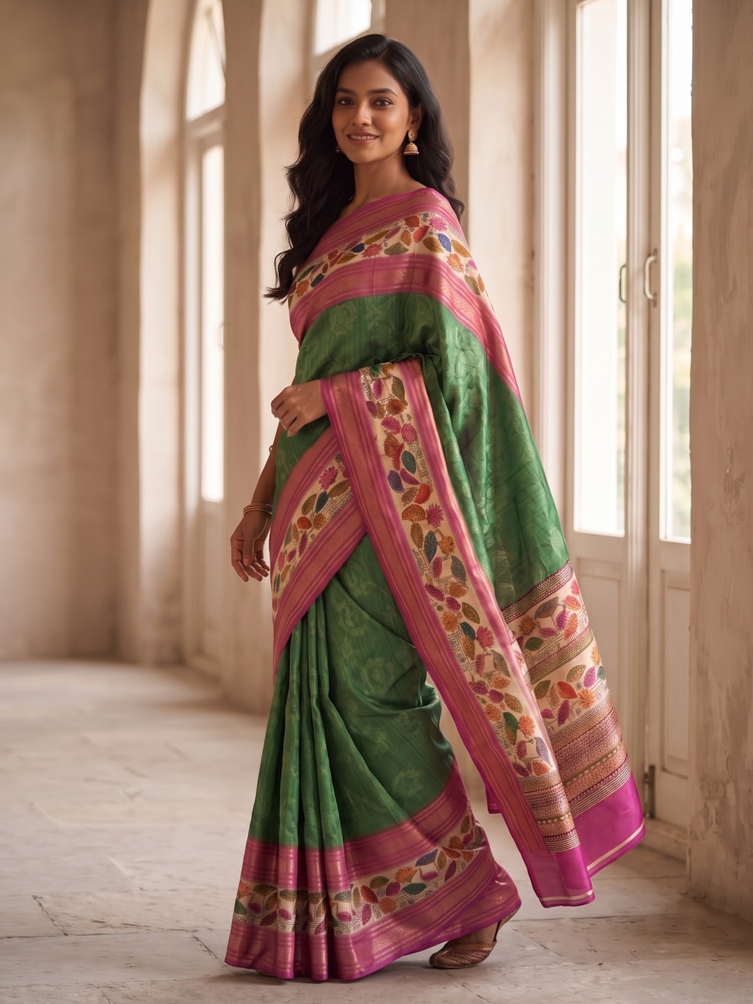 Peachmode Green Pure Cotton Silk Saree With Bentex Jacquard And Digital Print Panel Design - Image 3