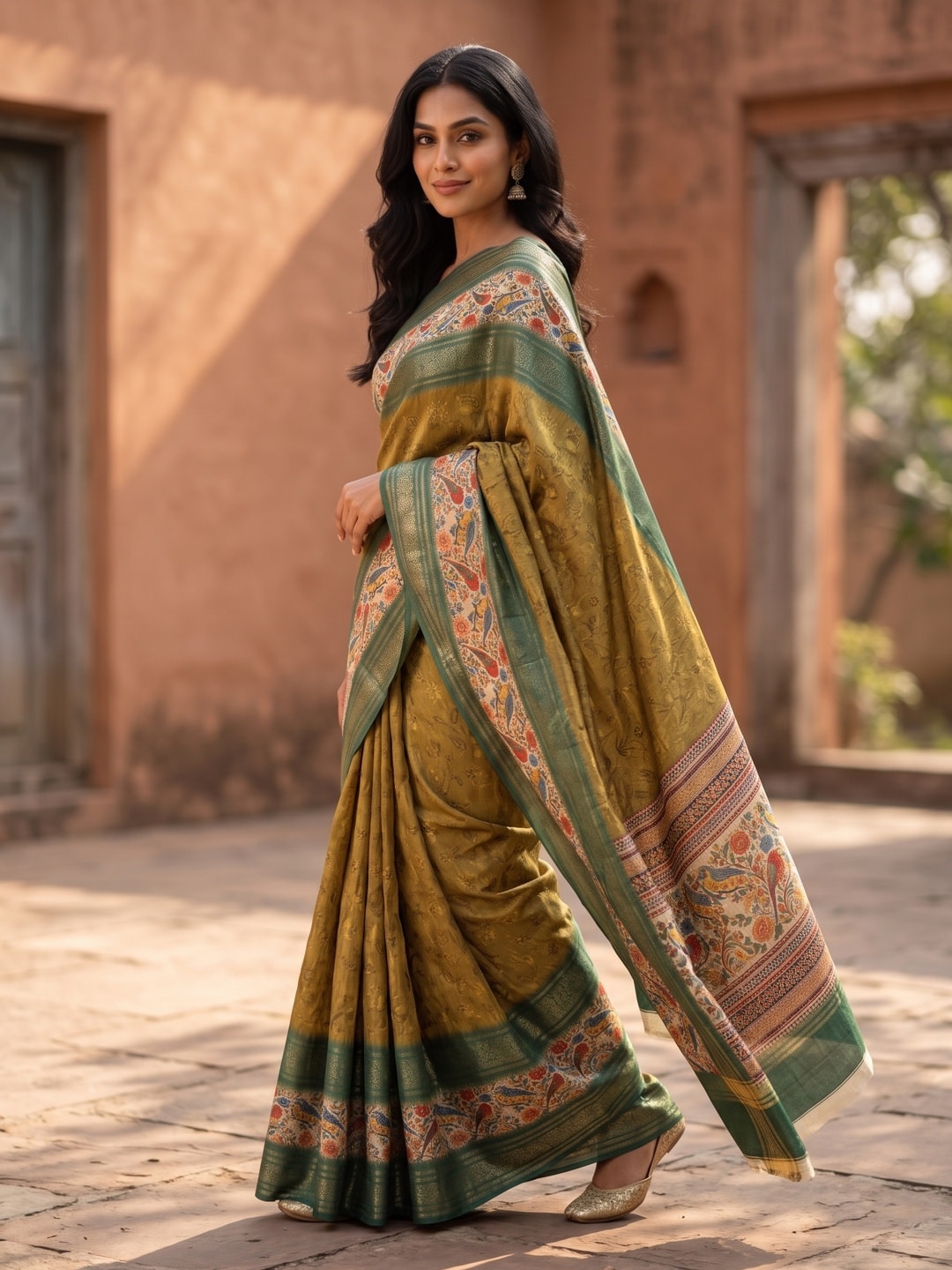 Peachmode Mustard Pure Cotton Silk Saree With Bentex Jacquard And Digital Print Panel Design - Image 3