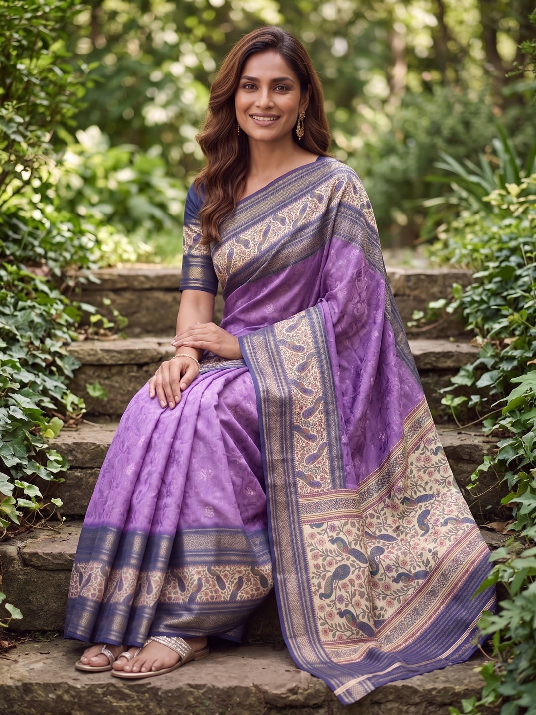 Peachmode Lavender Pure Cotton Silk Saree With Bentex Jacquard And Digital Print Panel Design - Image 4