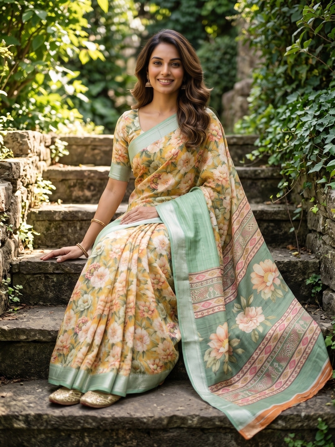 Peachmode Mint Green Pure Cotton Silk Saree With Bentex Jacquard And Digital Print Panel Design - Image 4