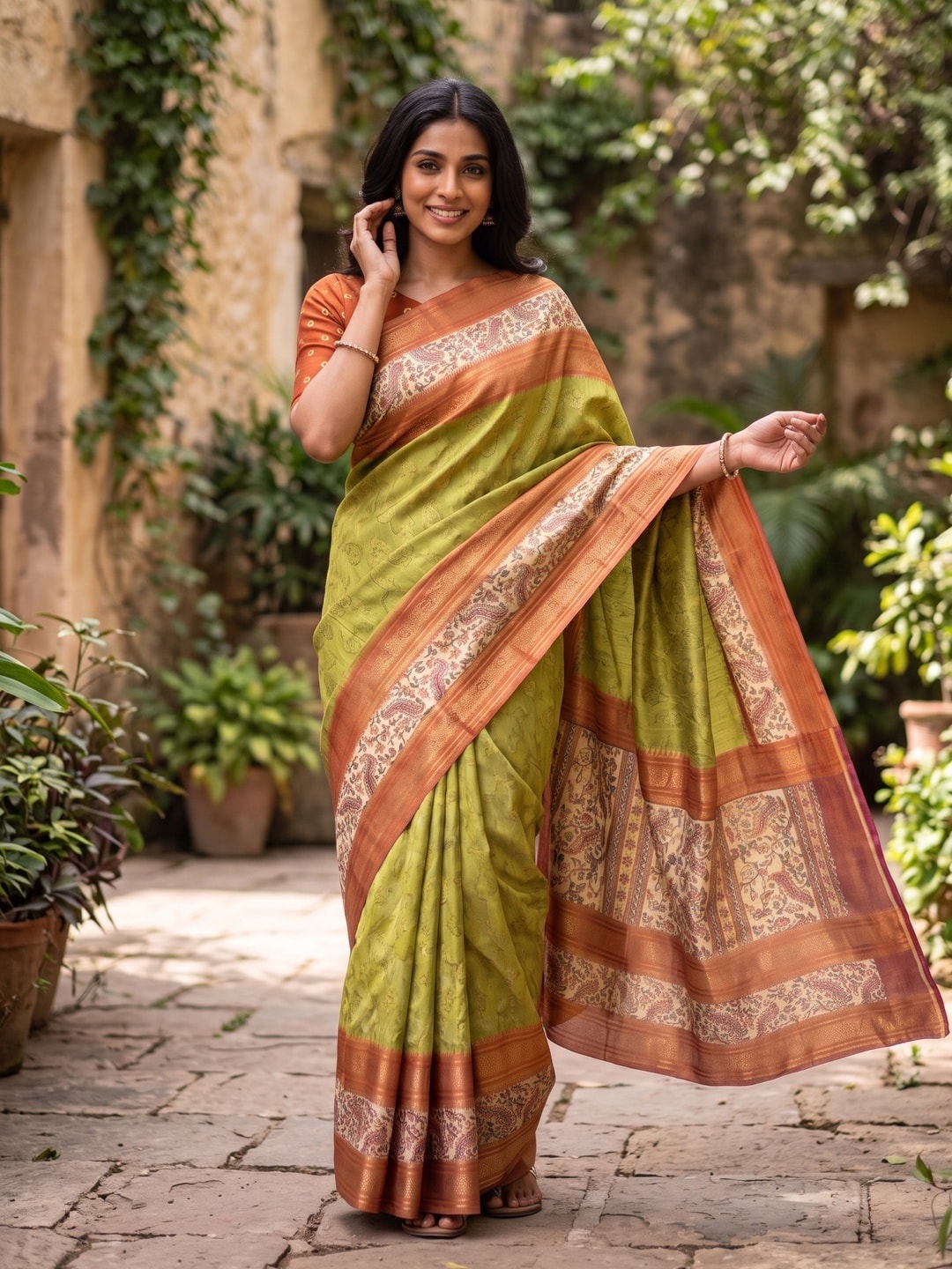 Peachmode Olive Pure Cotton Silk Saree With Bentex Jacquard And Digital Print Panel Design - Image 4