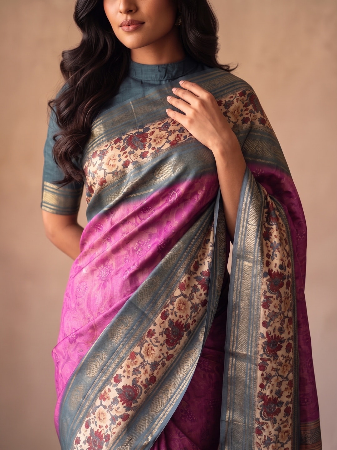 Peachmode Magenta Pure Cotton Silk Saree With Bentex Jacquard And Digital Print Panel Design - Image 5