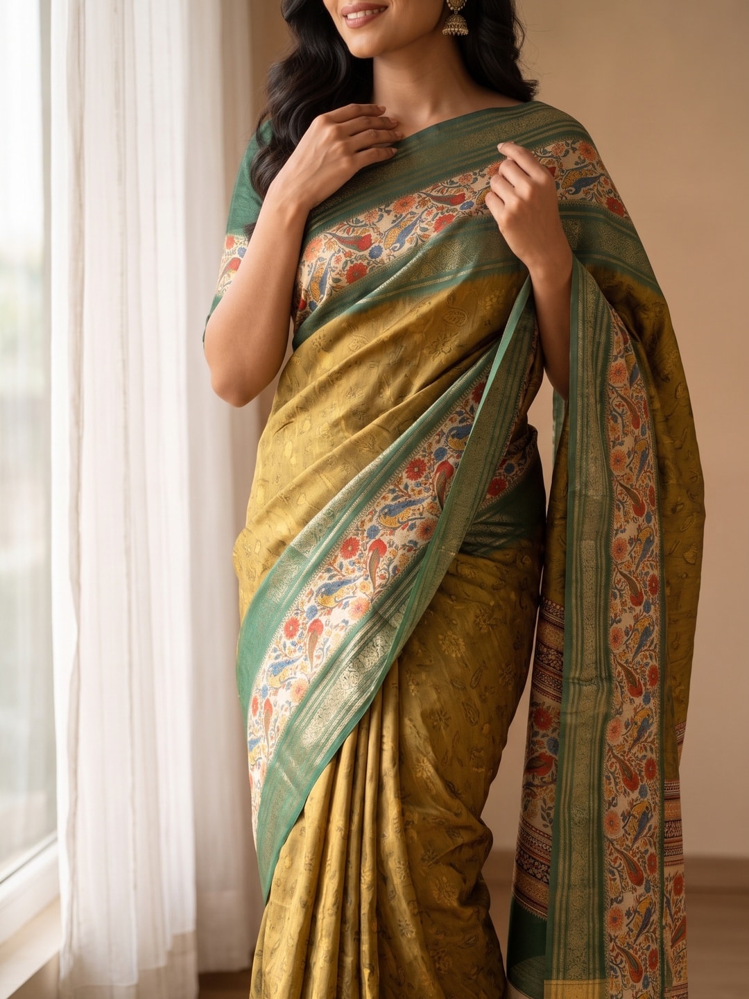 Peachmode Mustard Pure Cotton Silk Saree With Bentex Jacquard And Digital Print Panel Design - Image 5