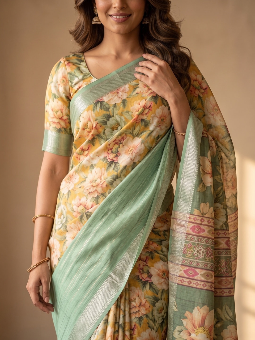 Peachmode Mint Green Pure Cotton Silk Saree With Bentex Jacquard And Digital Print Panel Design - Image 5