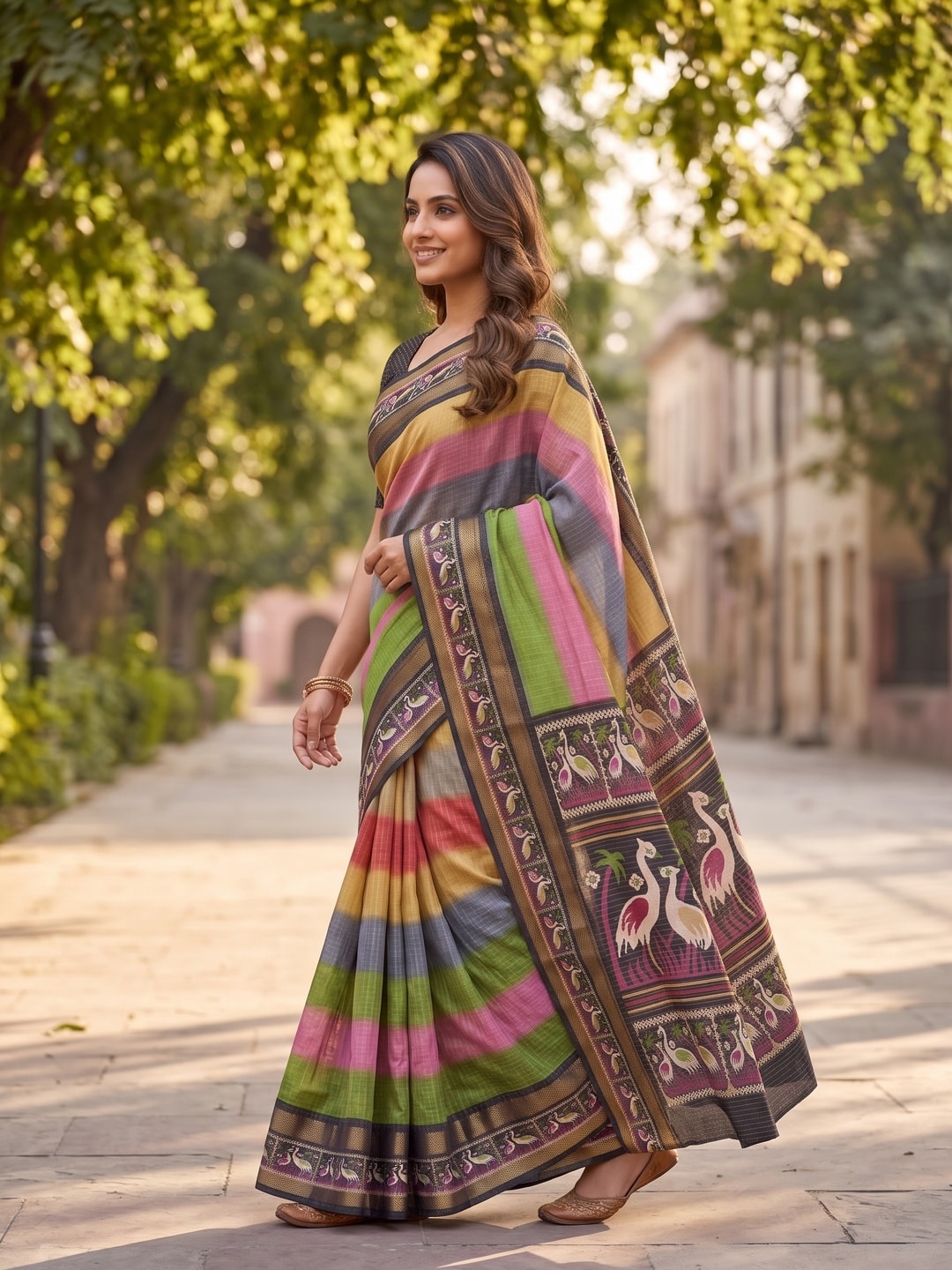 Peachmode Multicolor Moss Georgette Chex Saree With Bentex Jacquard Border And Crane Design - Image 3