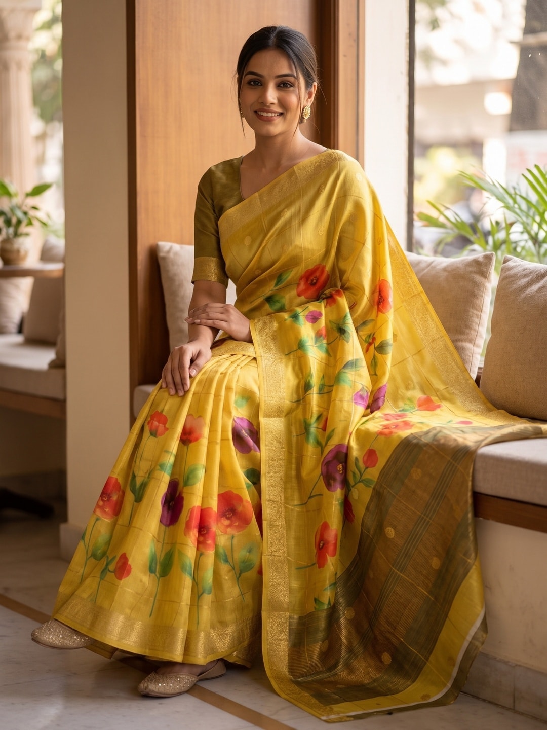 Peachmode Yellow Soft Cotton Chex Jacquard Saree With Kalamkari Weaving Butti And Digital Floral Print - Image 4