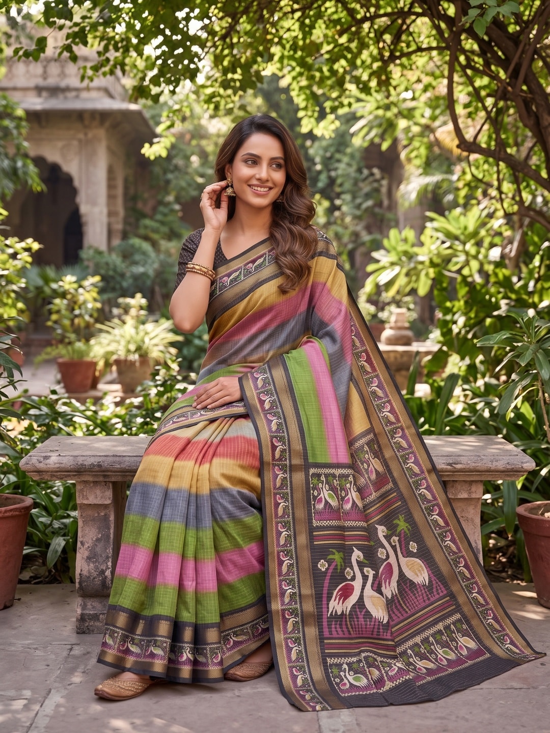 Peachmode Multicolor Moss Georgette Chex Saree With Bentex Jacquard Border And Crane Design - Image 4