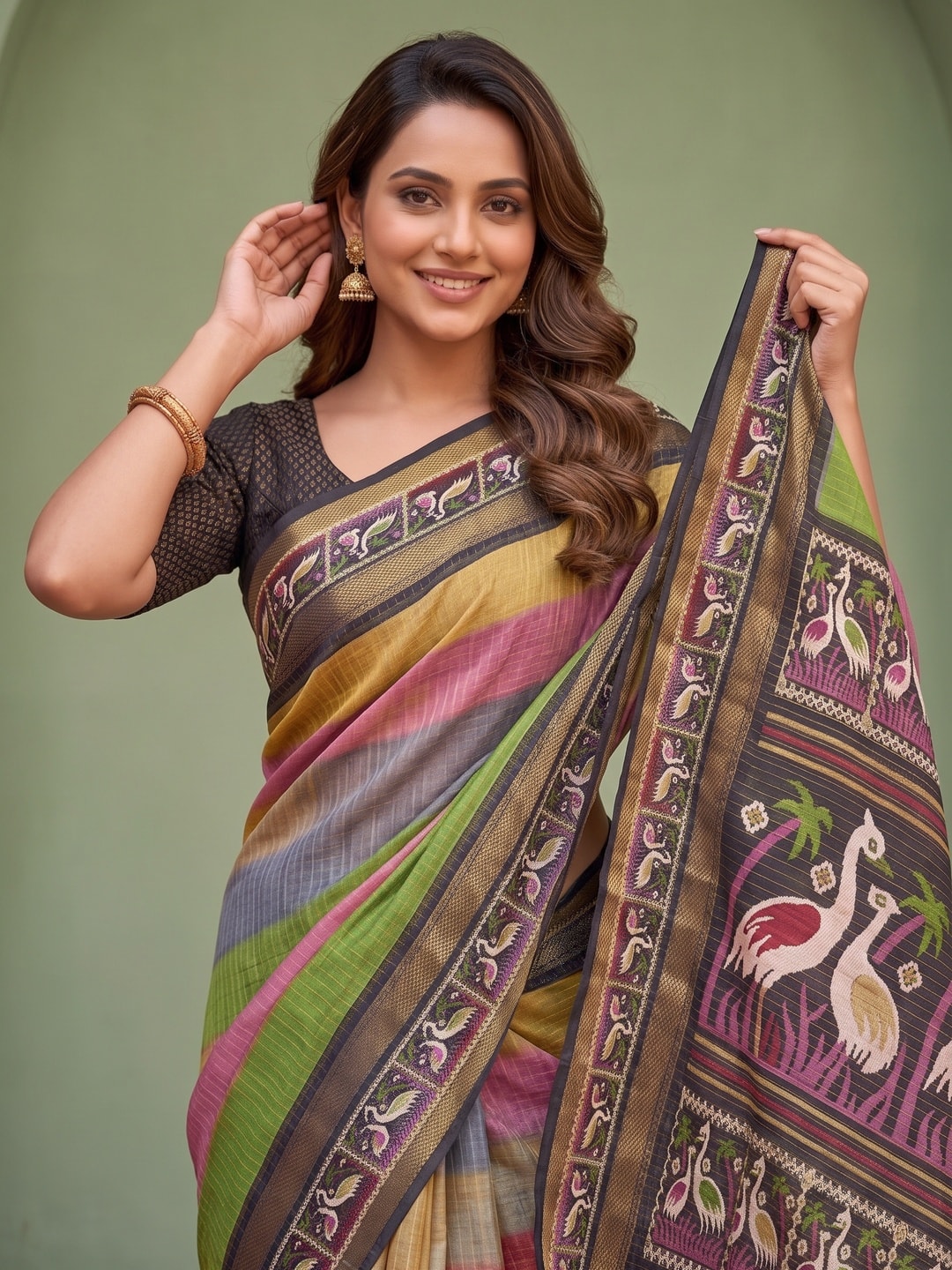 Peachmode Multicolor Moss Georgette Chex Saree With Bentex Jacquard Border And Crane Design - Image 5