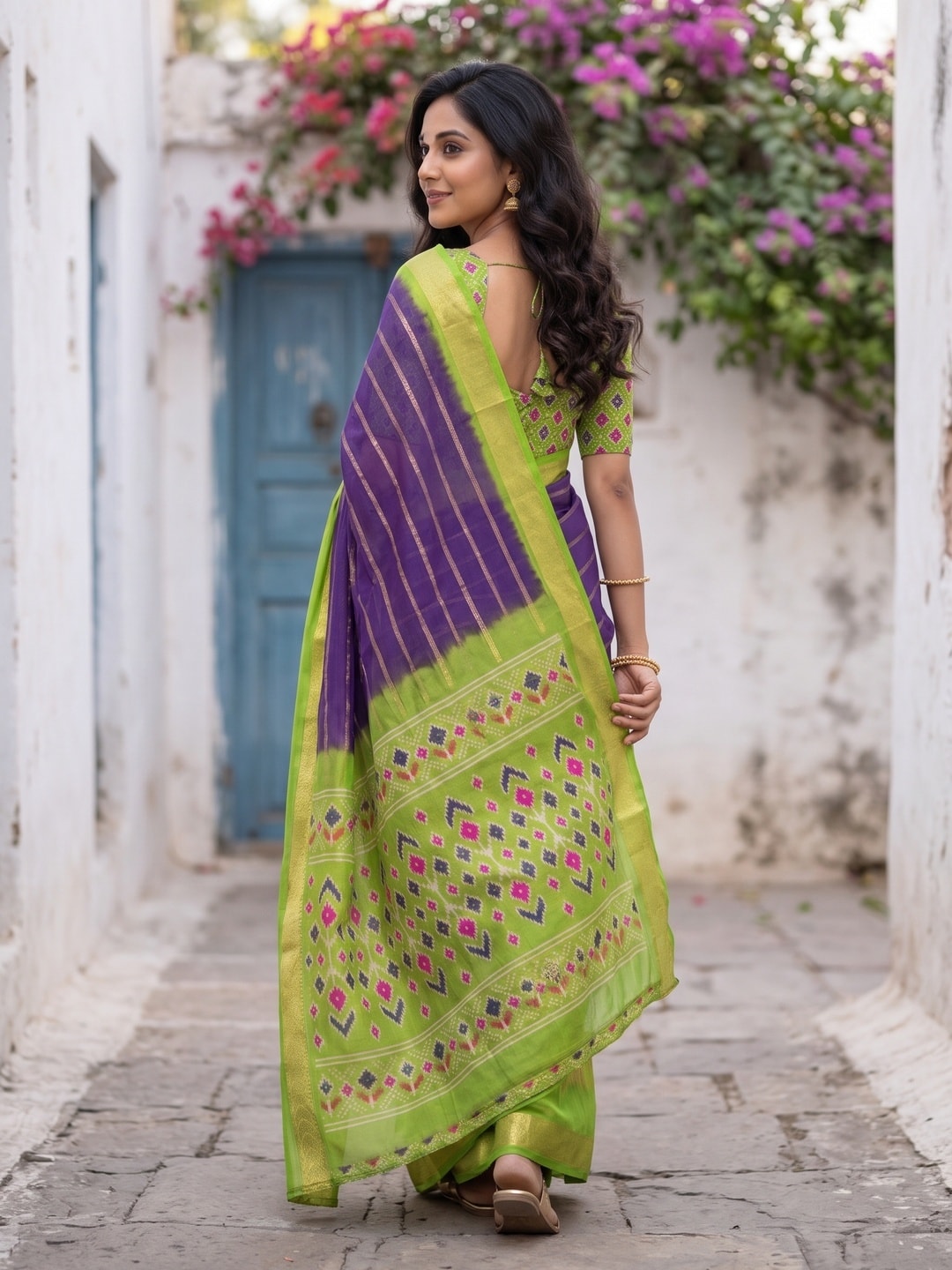 Peachmode Purple Soft Cotton Weaving Lining Zari Jacquard Saree With Patola Design - Image 2