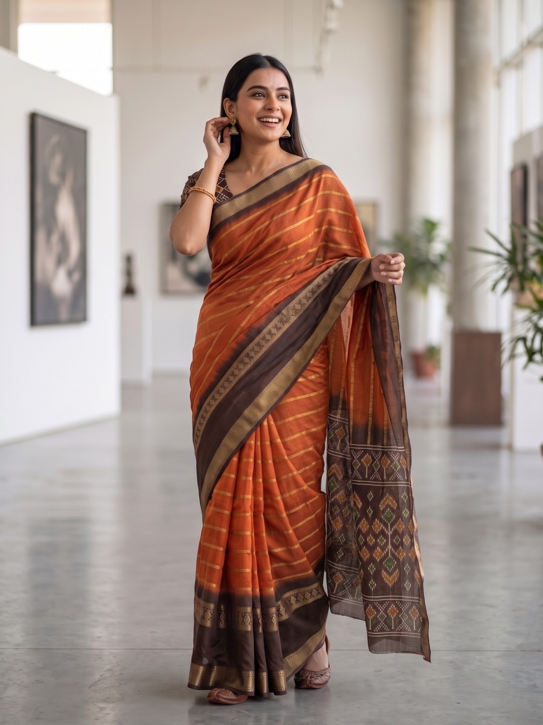 Peachmode Orange Soft Cotton Weaving Lining Zari Jacquard Saree With Patola Design - Image 4