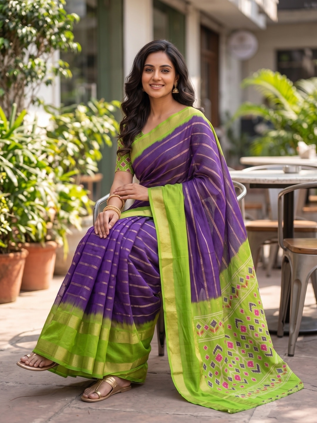 Peachmode Purple Soft Cotton Weaving Lining Zari Jacquard Saree With Patola Design - Image 4