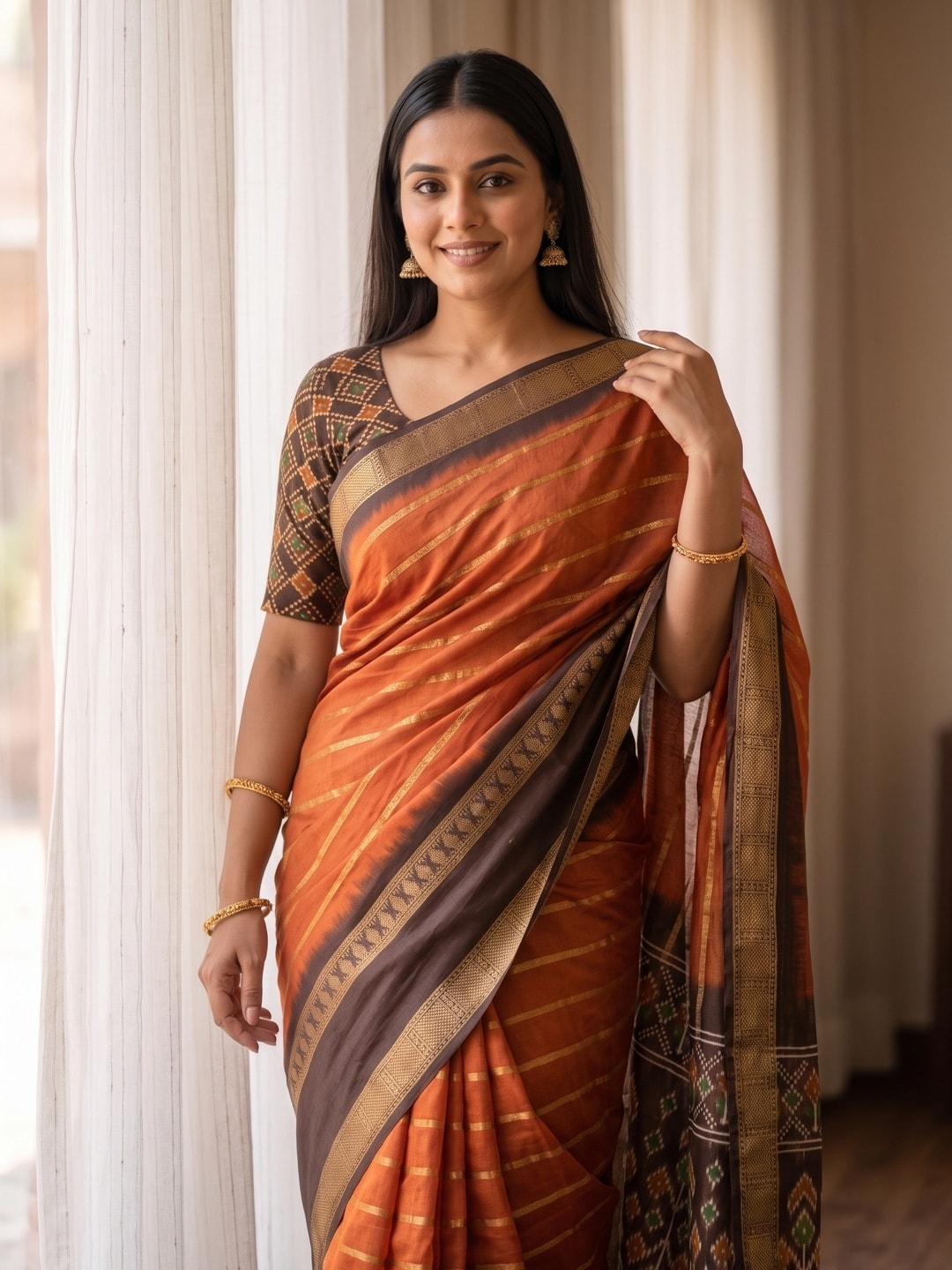 Peachmode Orange Soft Cotton Weaving Lining Zari Jacquard Saree With Patola Design - Image 5