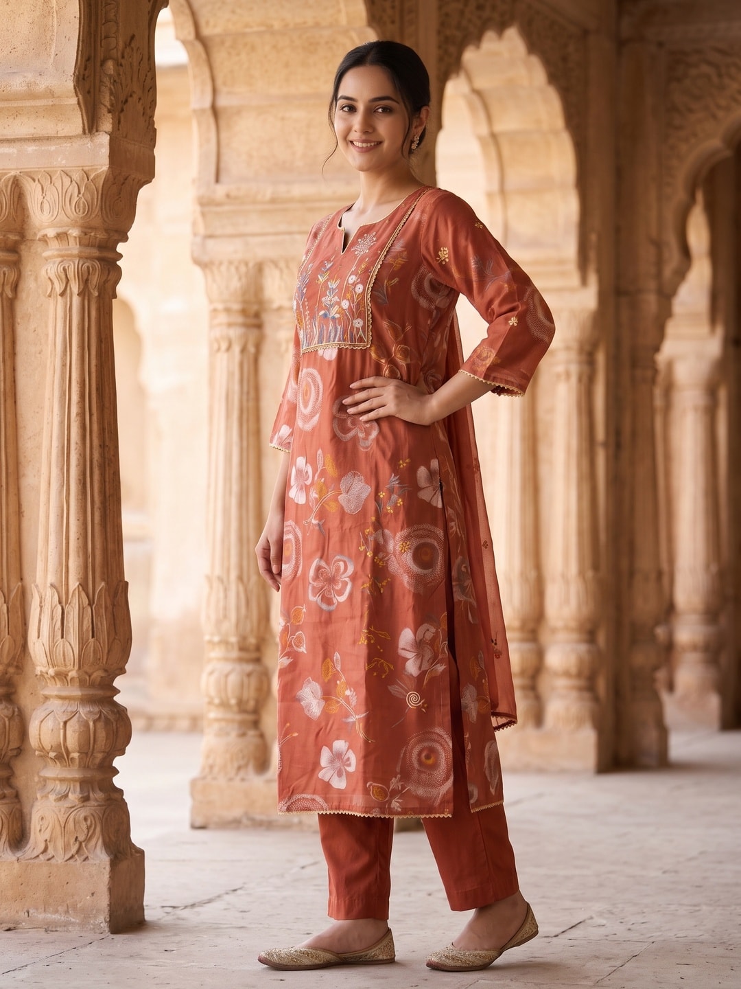 Peachmode Rust Viscose Blend Printed Salwar Suit with Embroidered Dupatta - Image 3