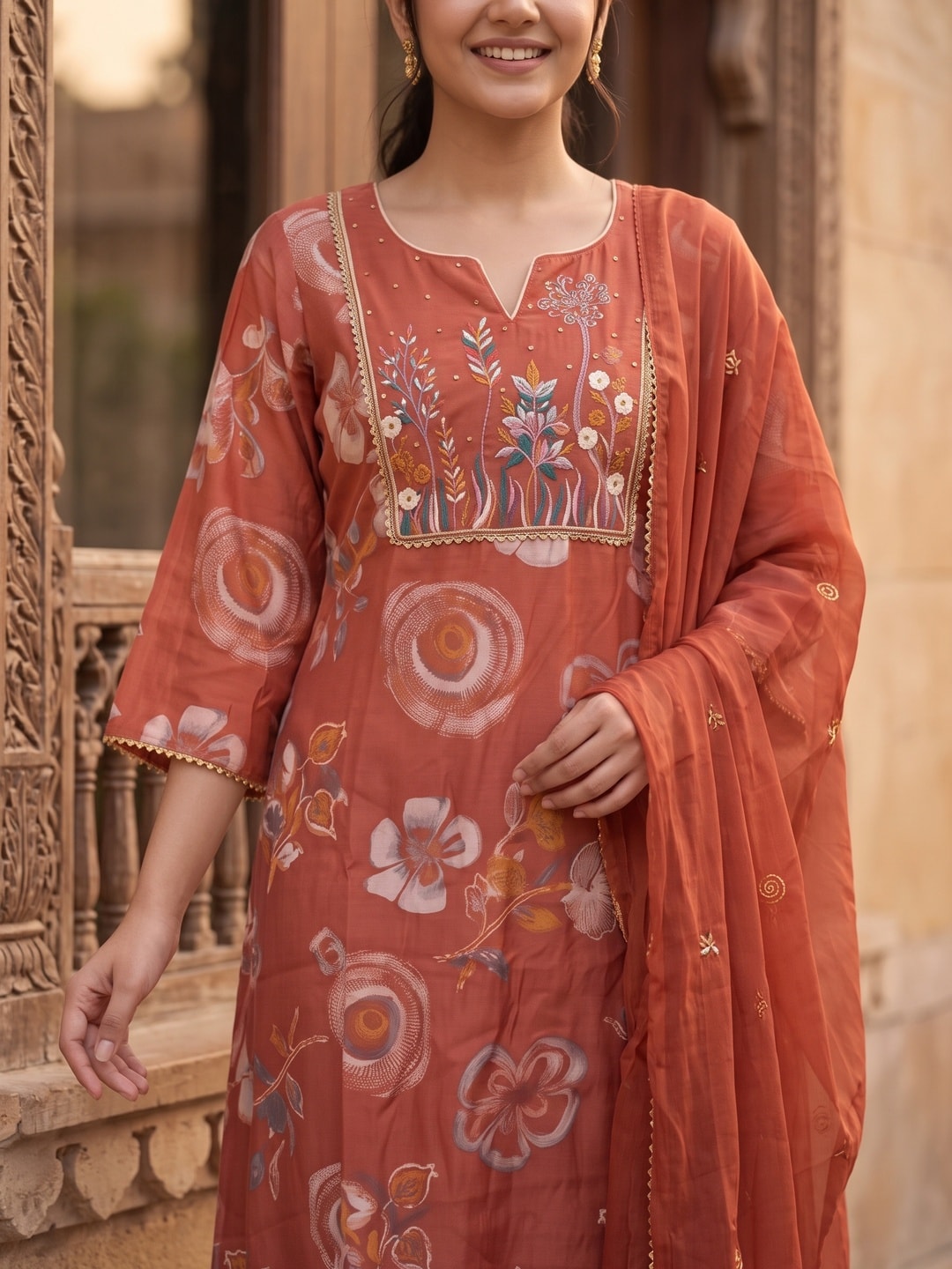 Peachmode Rust Viscose Blend Printed Salwar Suit with Embroidered Dupatta - Image 4