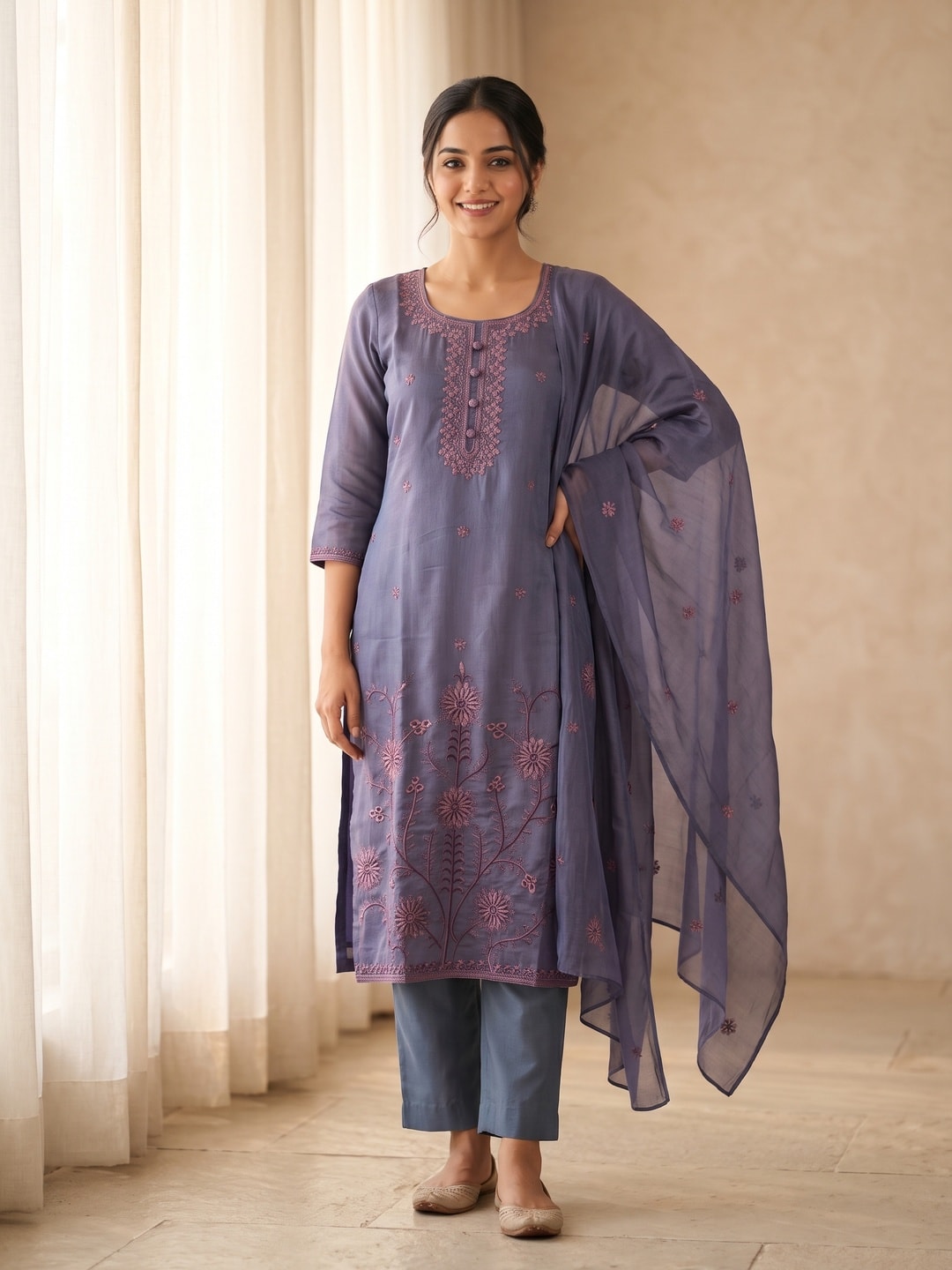 Peachmode Purple Viscose Blend Embroidered Salwar Suit with Dupatta - Image 1