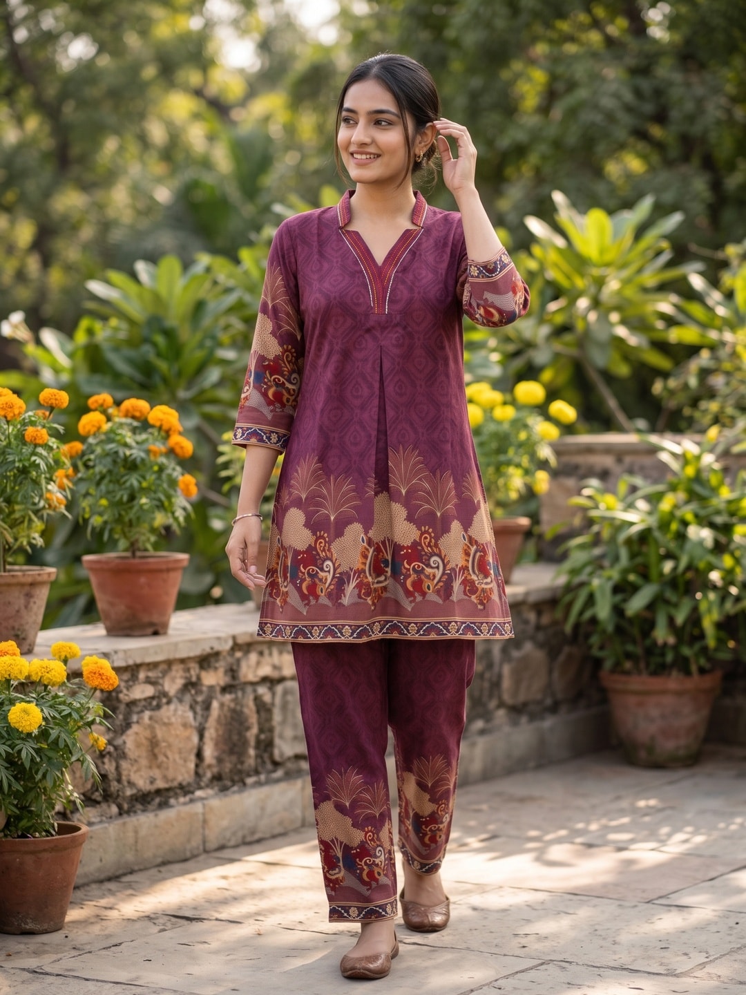 Peachmode Purple Rayon Printed Kurti with Pants Co-ord Set - Image 2