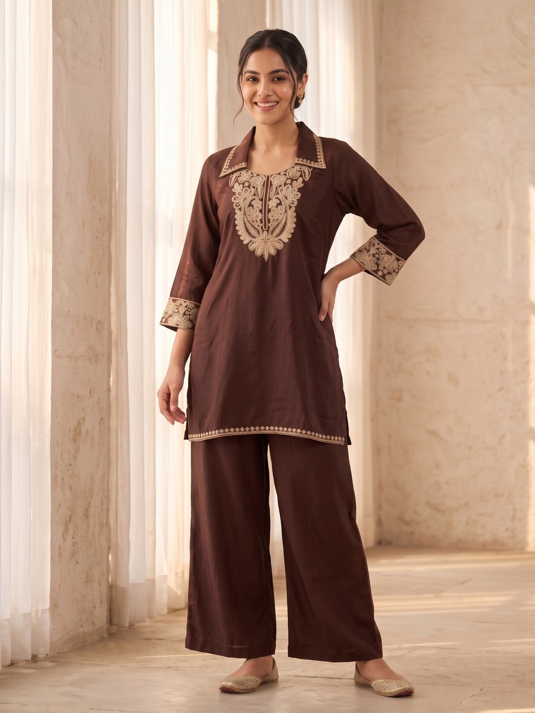 Peachmode Brown Chinon Embroidered Kurti with Palazzo Co-ord Set - Image 1